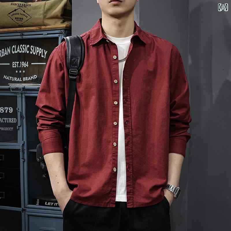 メンズ ファッション 春夏 秋冬 かっこいい オシャレ モテ 男性用 紳士服 服 韓国 シンプル 大人 コットン＆ リネン 通気性 無地 長袖 シャツ ゆったり 快適 レッド メンズシャツ カジュアル ジャケット