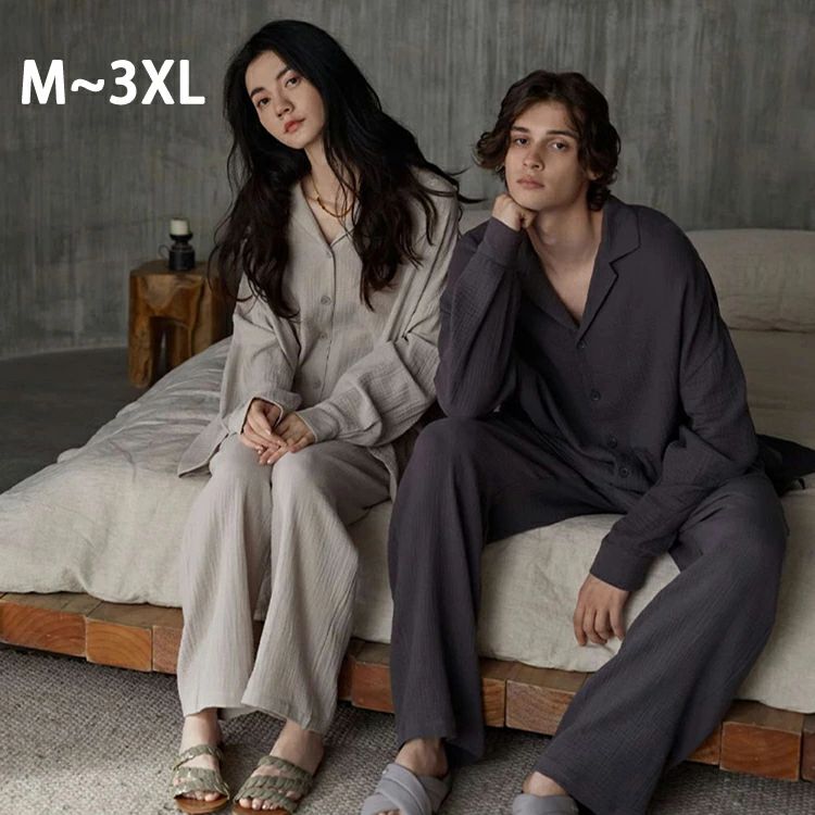 ペア パジャマ 綿100% 前開き 無地 ガーゼ 上下セット 部屋着 ルームウェア カップル メンズ 軽量 パン..