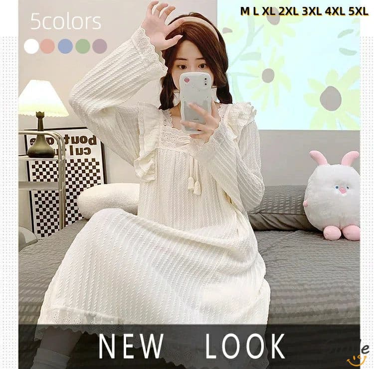 ワンピース パジャマ ルームウェア 長袖 可愛い 姫系 部屋着 寝巻き 寝間着 無地 綿 シャツ フリル Tシャツ M~5XL 大きいサイズ 20代 30代 4...