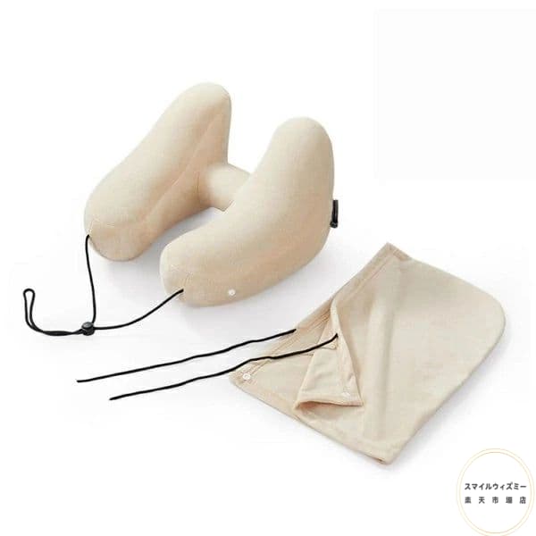 【無料送料】ネックピロー H型 フード付き グレーン コットン 首枕 携帯枕 エアーピロー ポンプ式膨らませる 収納ポーチ付き 洗えるカバー トラベル 旅行用 ...