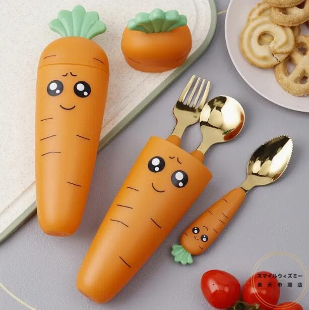 【無料送料】4個セットのにんじん形の旅行用食器セット、かわいいにんじん形と収納ボックス付きの304ス..