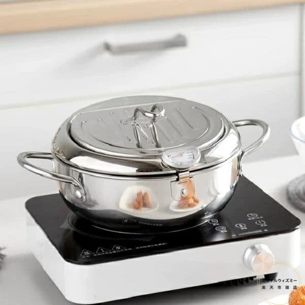 テンプラディープフライポット、温度計付き厚手のステンレス製テンプラフライヤー、レストランで使用するための日本式テンプラフライヤーパン