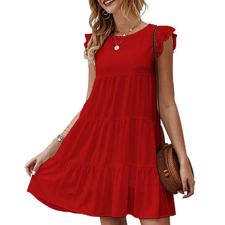 ティアード ティアードチュニック トップス フリル袖 ラウンドネック 春夏 Tシャツ カットソー フレア Aライン ミニワンピース 体型カバー 大人可愛い チュニックtシャツ ノースリーブ 送料無料