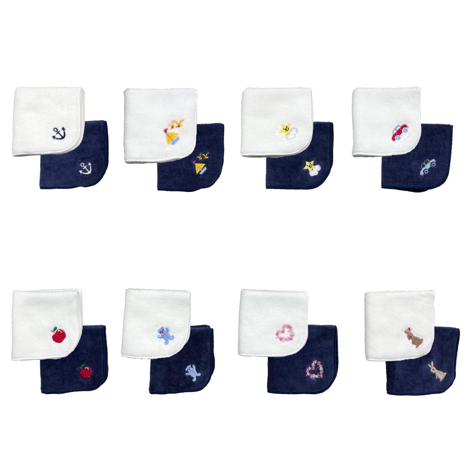 今治タオル ミニタオル ホワイト＆ネイビー 2色セット 15cm×15cm マリン ヨット スター くるま アップ..