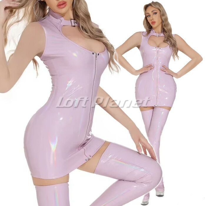 ボディコン PU エナメル ストレッチ ミニドレス ノースリーブ クラブウェア バストホール セクシー コスチューム ライトピンク AE926882LP