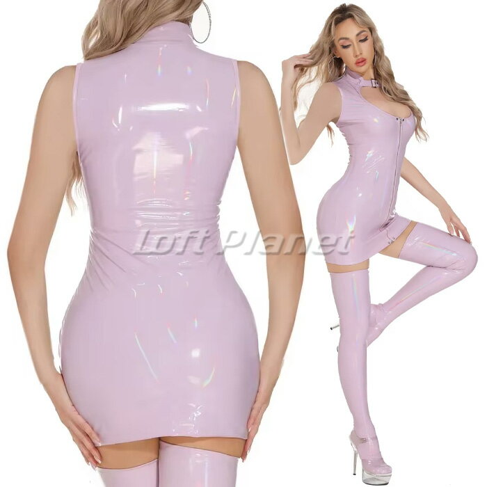 ボディコン PU エナメル ストレッチ ミニドレス ノースリーブ クラブウェア バストホール セクシー コスチューム ライトピンク AE926882LP