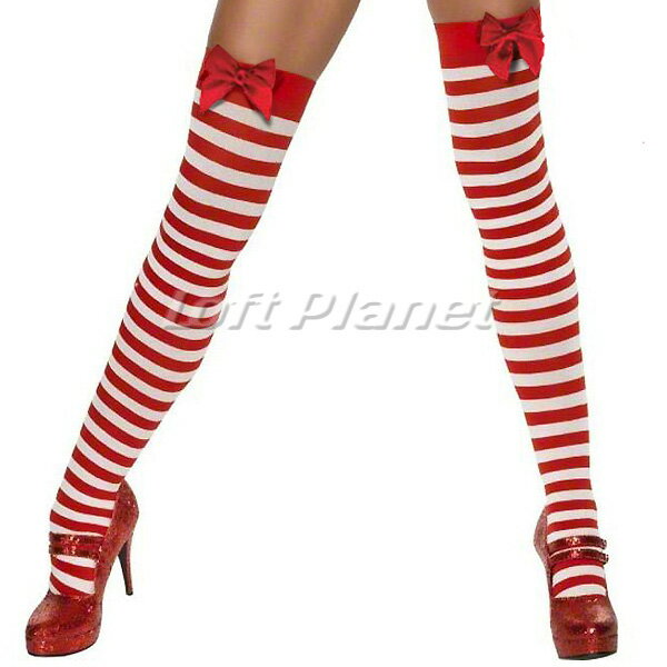キャンディ柄ストッキング 赤白ボーダー＆リボン付レッグウェア クリスマスのサンタ衣装 M1-HG2199