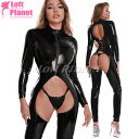 キャットスーツ PU エナメル オープンクロッチ ボディスーツ ストレッチ ボンテージ SM セクシー コスチューム レディース 黒 PG-XX6810B