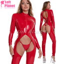 キャットスーツ PU エナメル オープンクロッチ ボディスーツ ストレッチ ボンテージ SM セクシー コスチューム レディース 赤 PG-XX6810R