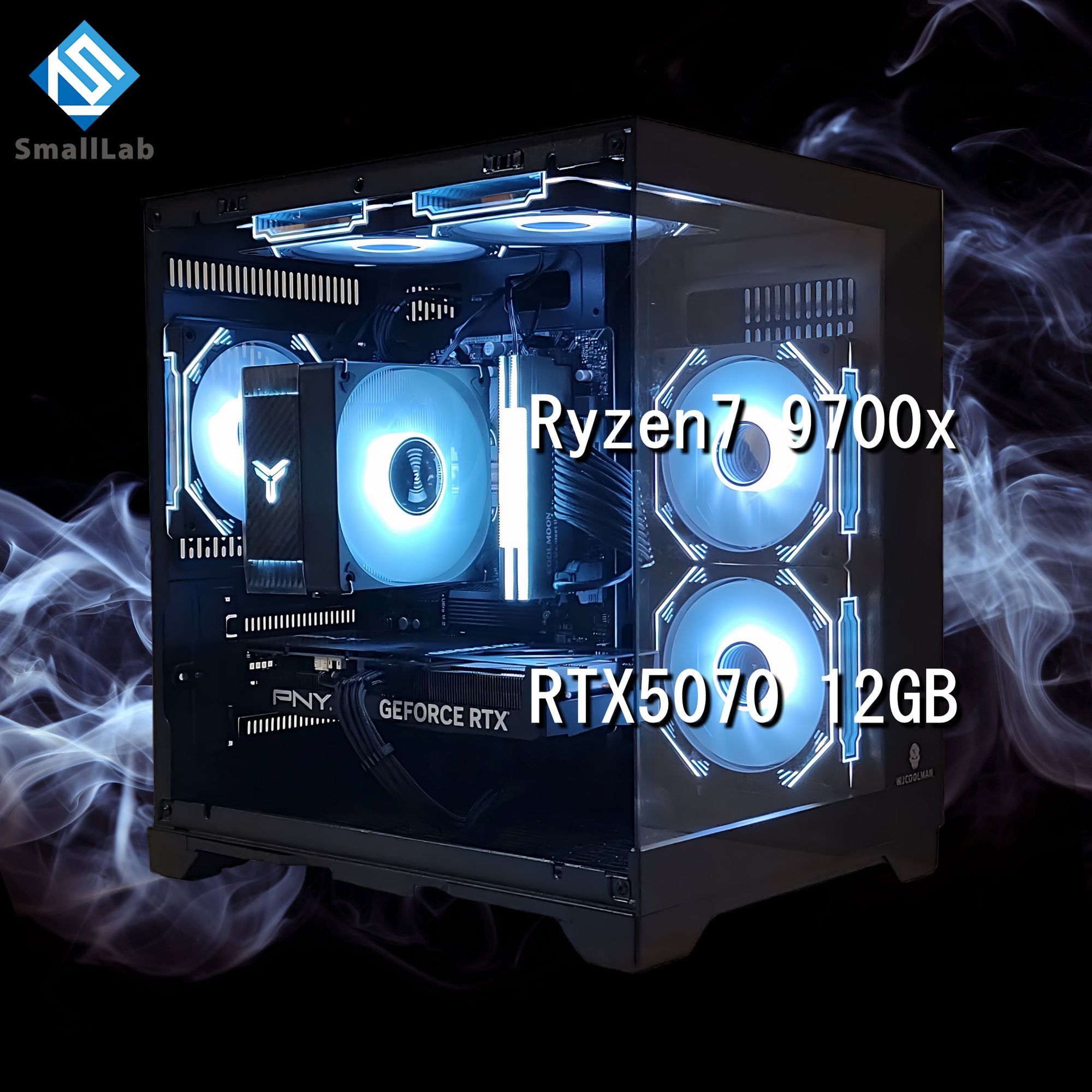 スモールラボ AMD Ryzen7 9700x ／ RTX5070 12GB ガラスコンパクト ゲーミングPC Windows11 Home SSD M.2 NVME 1TB メモリ DDR5 4800MHz 32GB ブラック 黒