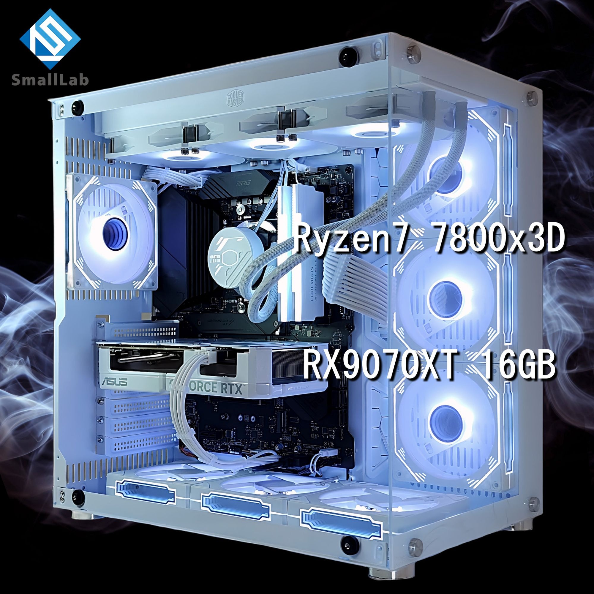 スモールラボ AMD Ryzen7 7800x3D ／ RX9070XT 16GB ガラス2面ATX ゲーミングPC Windows11 Home SSD M.2 NVME 1TB メモリ DDR5 4800MHz 32GB 簡易水冷 360mm ホワイト 白