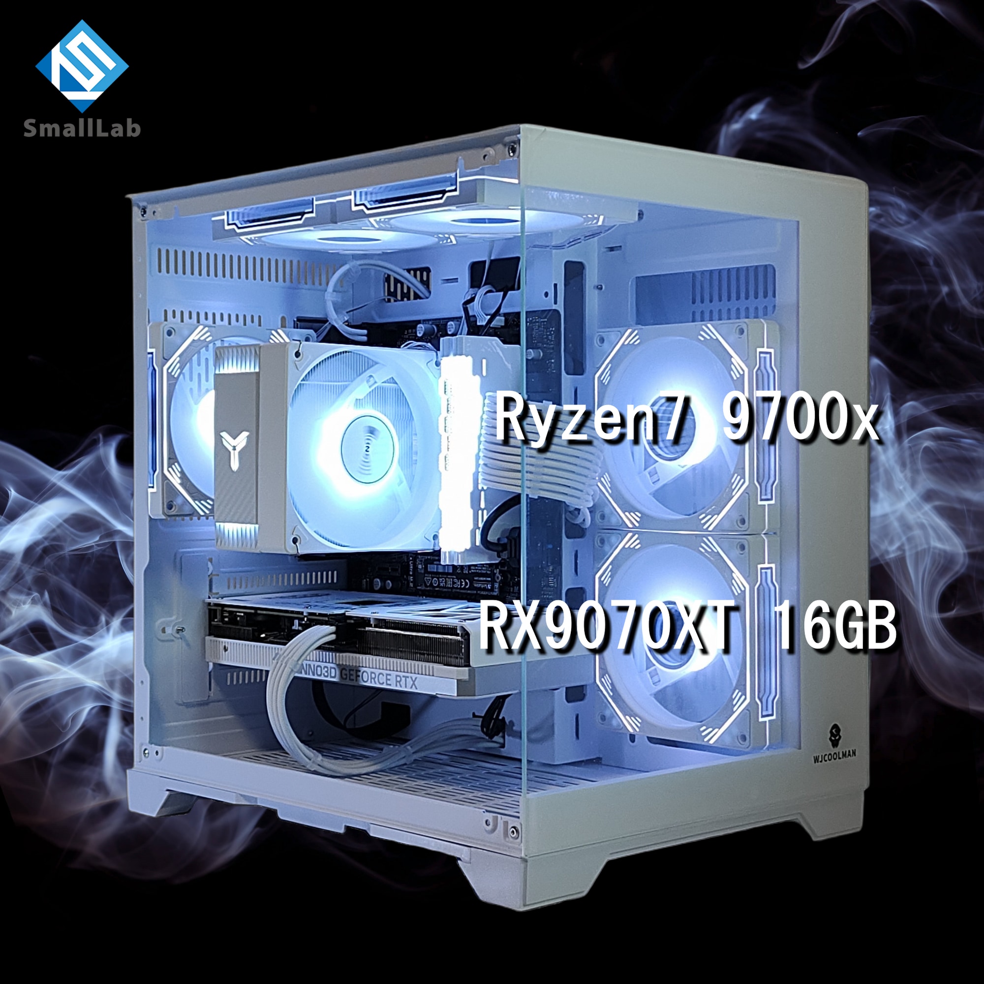 スモールラボ AMD Ryzen7 9700x ／ RX9070XT 16GB ガラスコンパクト ゲーミングPC Windows11 Home SSD M.2 NVME 1TB メモリ DDR5 4800MHz 32GB ホワイト 白