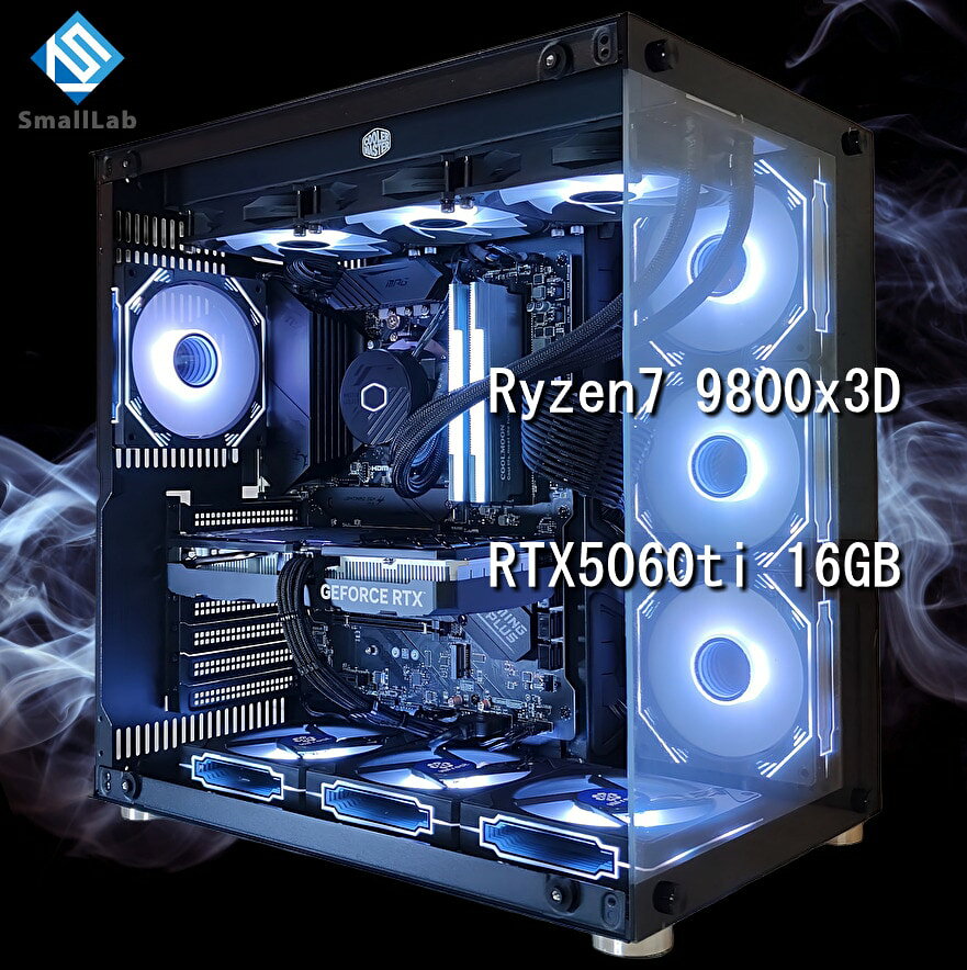 スモールラボ AMD Ryzen7 9800x3D ／ RTX5060ti 16GB ガラス2面ATX ゲーミングPC Windows11 Home SSD M.2 NVME 1TB メモリ DDR5 4800MHz 32GB 簡易水冷 360mm ブラック 黒