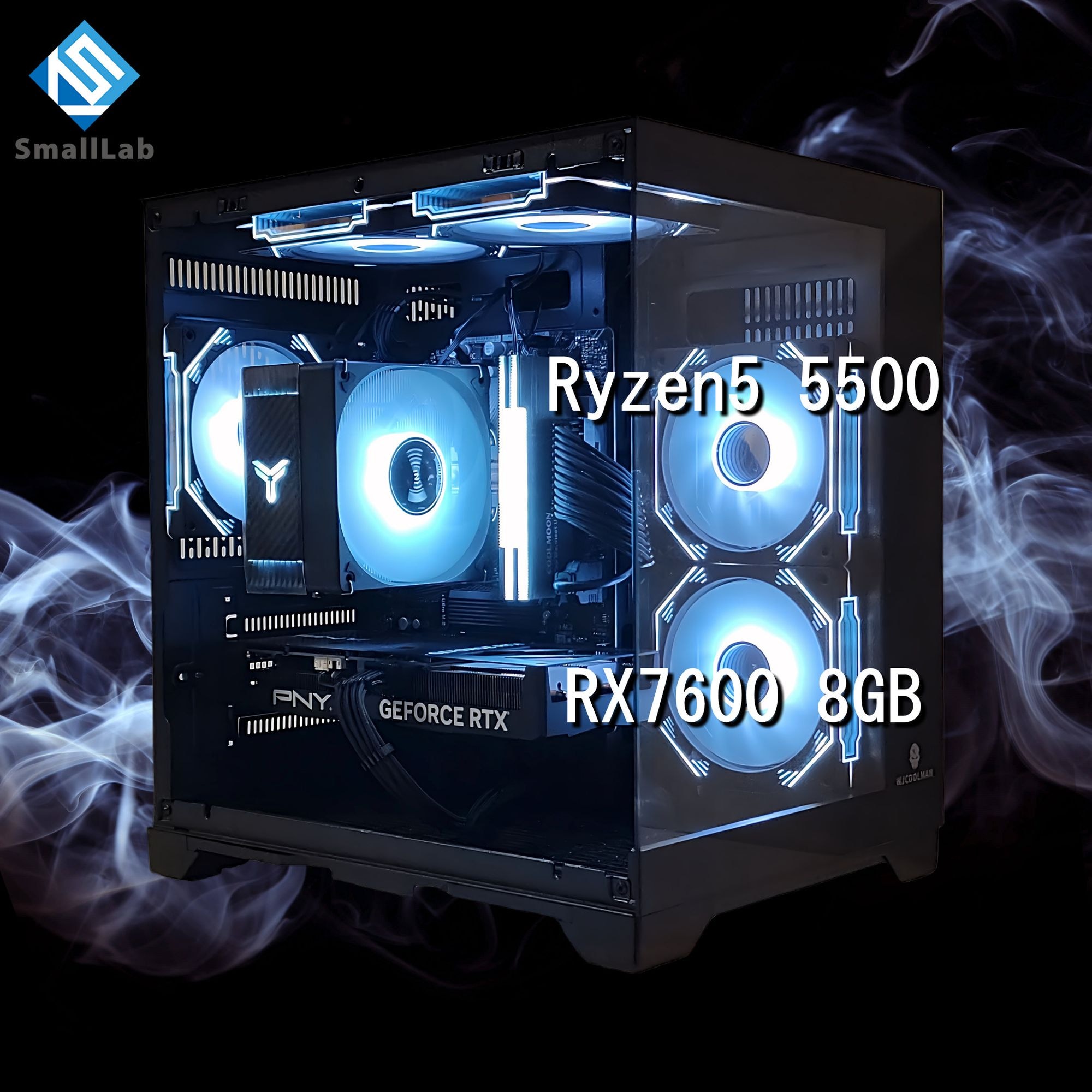 スモールラボ AMD Ryzen5 5500 ／ RX7600 8GB ガラス2面コンパクト ゲーミングPC Windows11 Home SSD M.2 NVME 1TB メモリ DDR4 3200MHz 32GB ブラック 黒