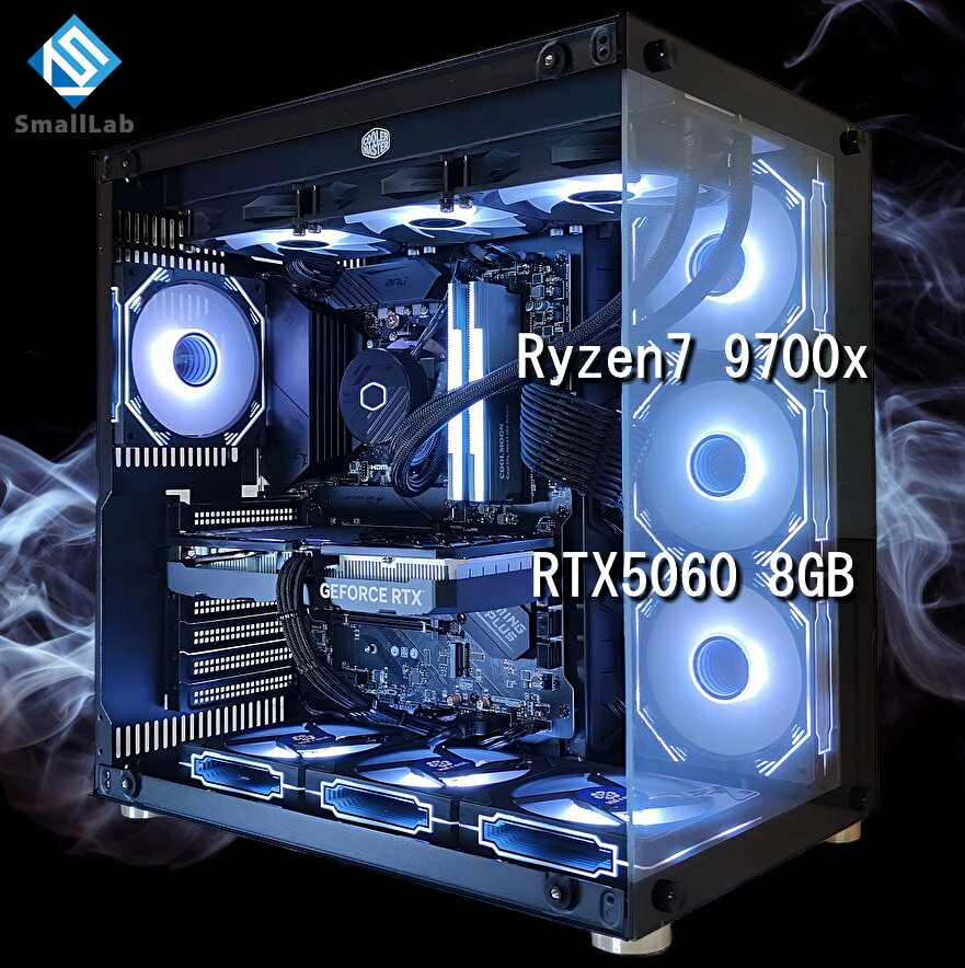 スモールラボ AMD Ryzen7 9700x ／ RTX5060 8GB ガラス2面ATX ゲーミングPC Windows11 Home SSD M.2 NVME 1TB メモリ DDR5 4800MHz 32GB 簡易水冷 360mm ブラック 黒