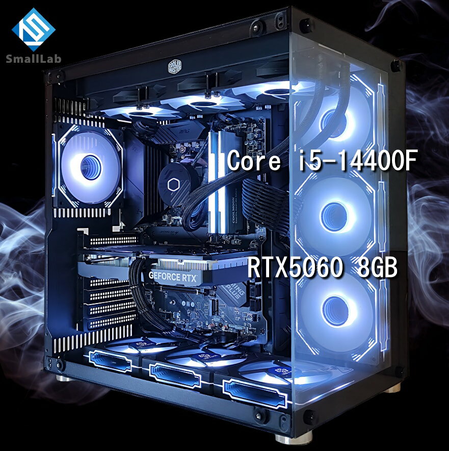 スモールラボ Intel Core i5-14400F ／ RTX5060 8GB ガラス2面ATX ゲーミングPC Windows11 Home SSD M.2 NVME 1TB メモリ DDR4 3200MHz 32GB 簡易水冷 360mm ブラック 黒