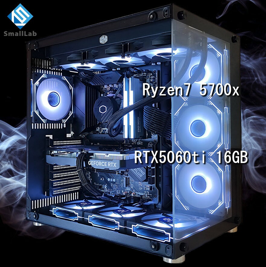 スモールラボ AMD Ryzen7 5700x ／ RTX5060ti 16GB ガラス2面ATX ゲーミングPC Windows11 Home SSD M.2 NVME 1TB メモリ DDR4 3200MHz 32GB 簡易水冷 360mm ブラック 黒