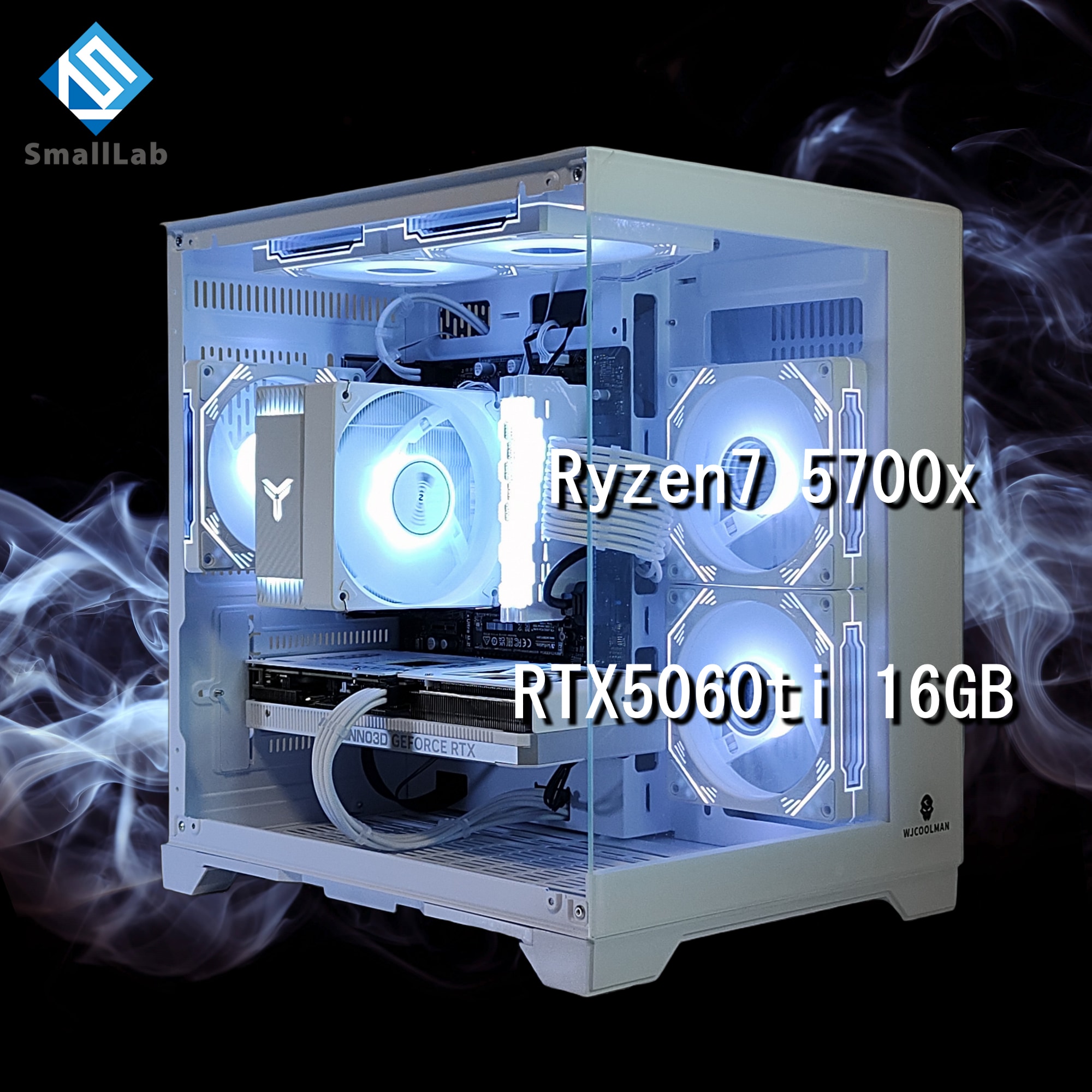 スモールラボ AMD Ryzen7 5700x ／ RTX5060ti 16GB ガラス2面コンパクト ゲーミングPC Windows11 Home SSD M.2 NVME 1TB メモリ DDR4 3200MHz 32GB ホワイト 白
