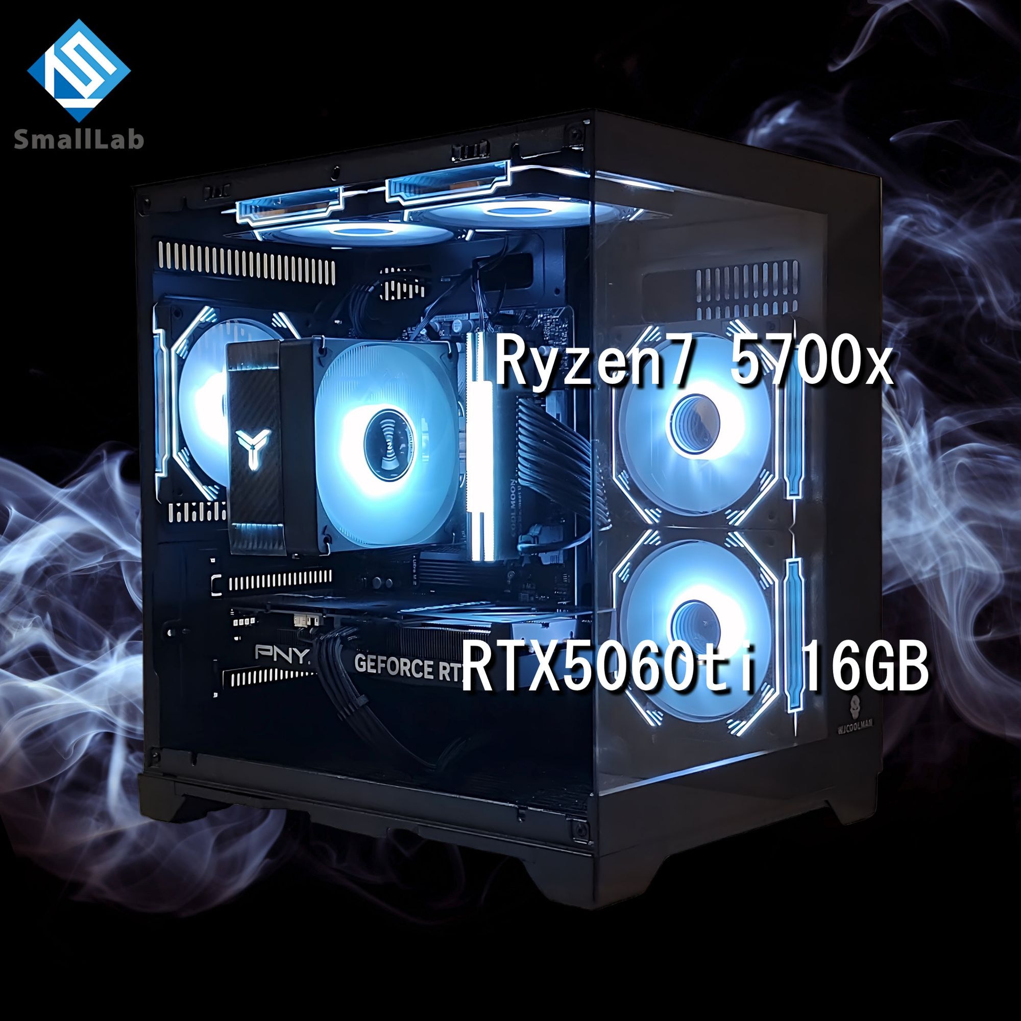 スモールラボ AMD Ryzen7 5700x ／ RTX5060ti 16GB ガラス2面コンパクト ゲーミングPC Windows11 Home SSD M.2 NVME 1TB メモリ DDR4 3200MHz 32GB ブラック 黒