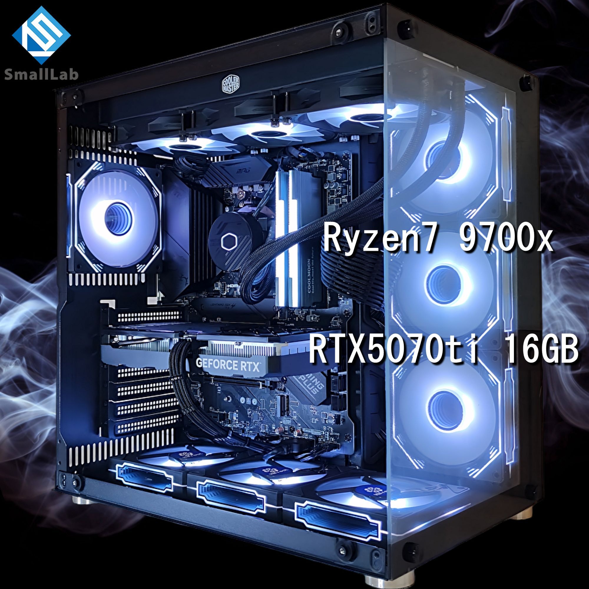 スモールラボ AMD Ryzen7 9700x ／ RTX5070ti 16GB ガラス2面ATX ゲーミングPC Windows11 Home SSD M.2 NVME 1TB メモリ DDR5 4800MHz 32GB 簡易水冷 360mm ブラック 黒