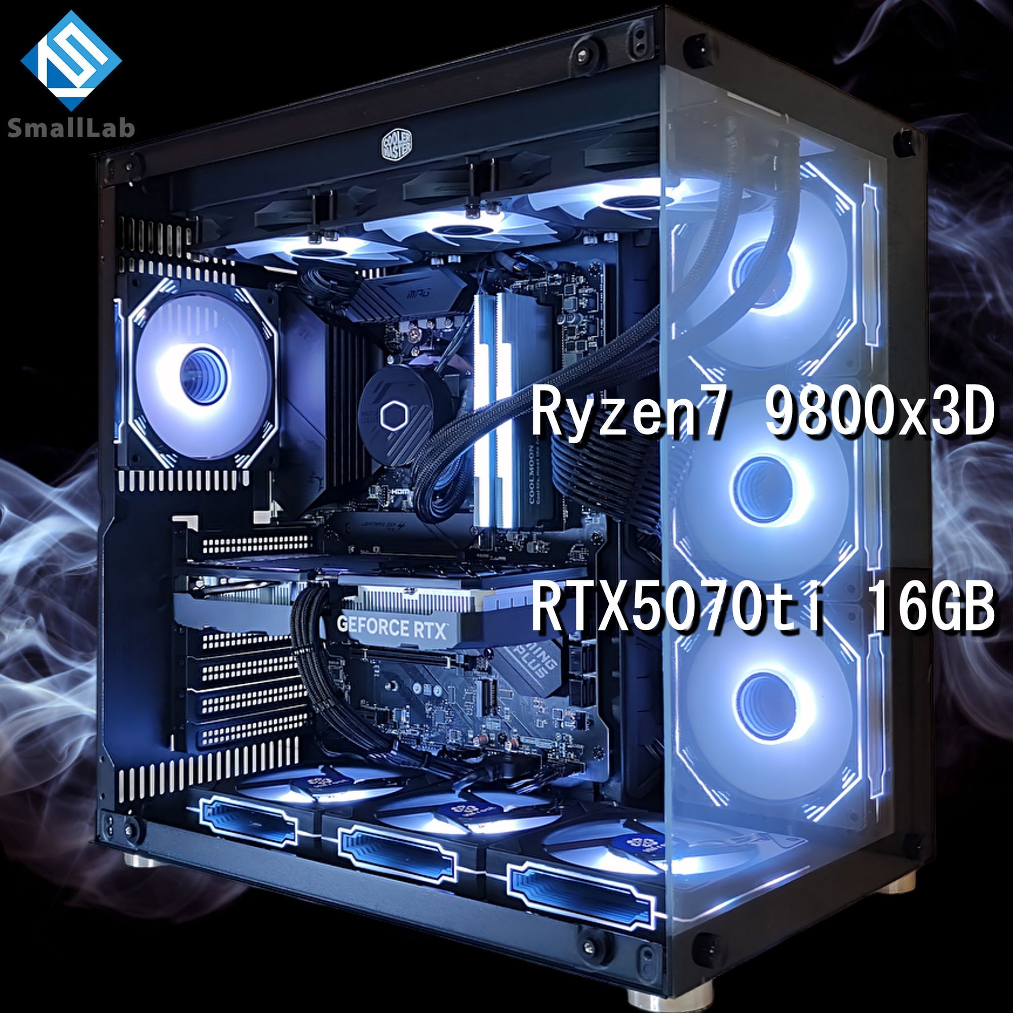 スモールラボ AMD Ryzen7 9800x3D ／ RTX5070ti 16GB ガラス2面ATX ゲーミングPC Windows11 Home SSD M.2 NVME 1TB メモリ DDR5 4800MHz 32GB 簡易水冷 360mm ブラック 黒