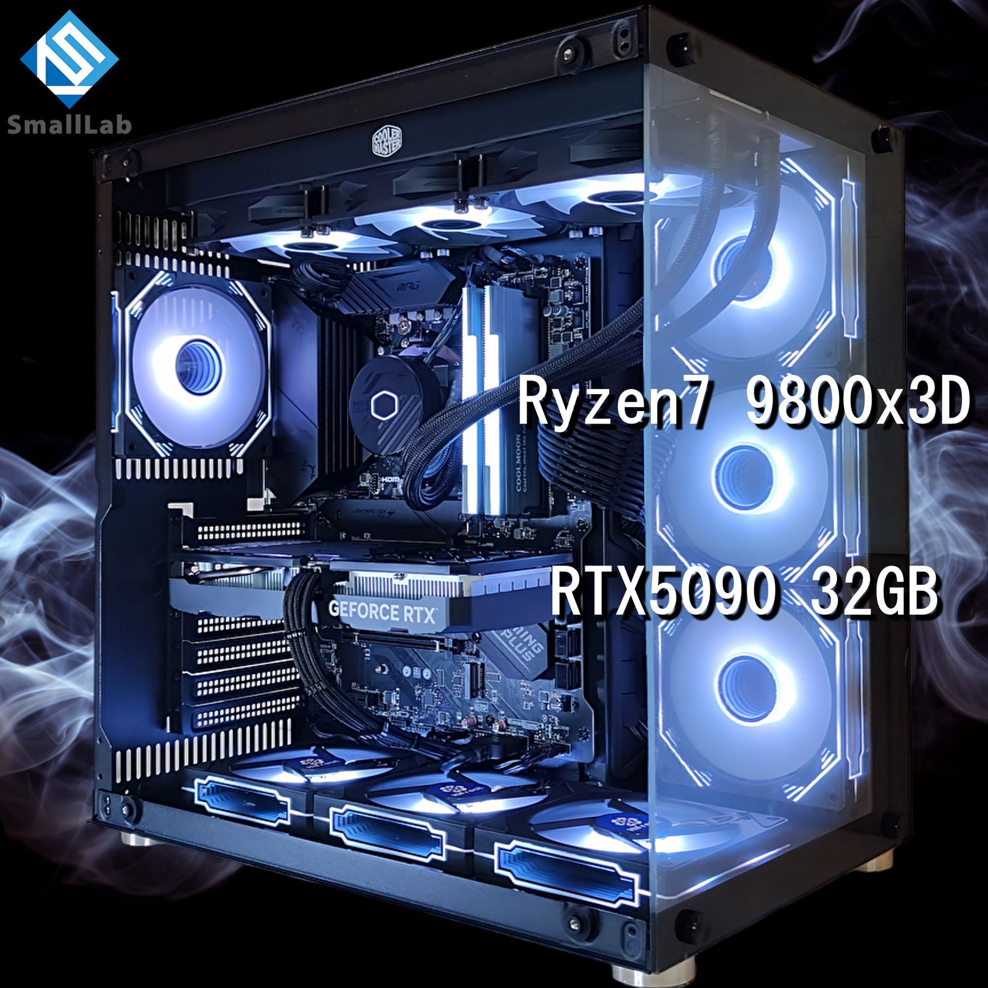 スモールラボ AMD Ryzen7 9800x3D ／ RTX5090 32GB ガラス2面ATX ゲーミングPC Windows11 Home SSD M.2 NVME 1TB メモリ DDR5 4800MHz 32GB 簡易水冷 360mm ブラック 黒