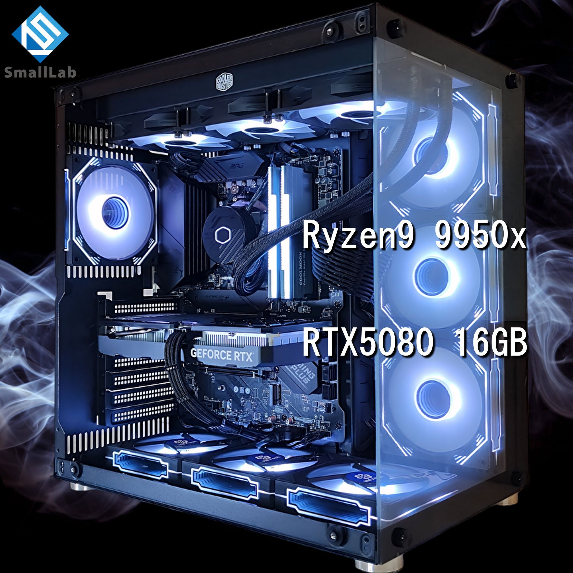 スモールラボ AMD Ryzen9 9950x ／ RTX5080 16GB ガラス2面ATX ゲーミングPC Windows11 Home SSD M.2 NVME 1TB メモリ DDR5 4800MHz 32GB 簡易水冷 360mm ブラック 黒