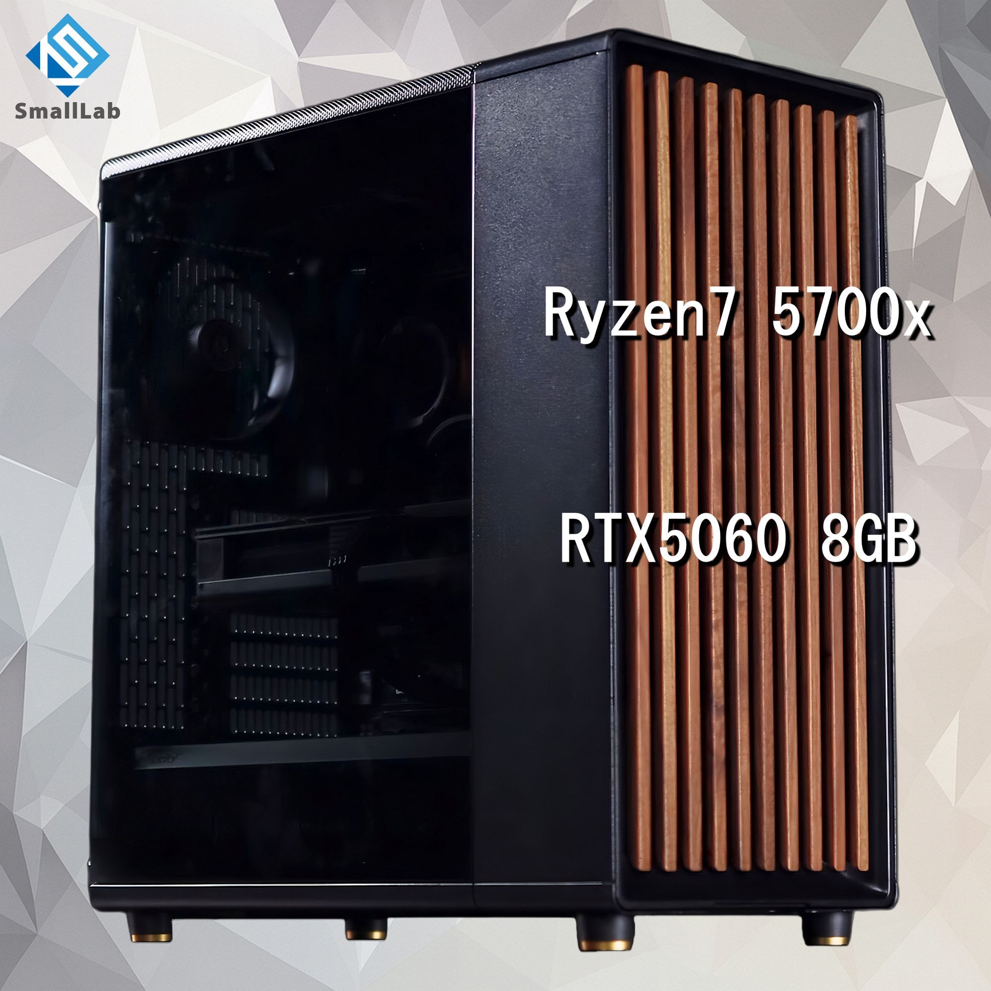 スモールラボ AMD Ryzen7 5700x ／ RTX5060 8GB ウッドデザイン ゲーミングPC Windows11 Home SSD M.2 NVME 1TB メモリ DDR4 3200MHz 32GB 簡易水冷 240mm ブラック 黒
