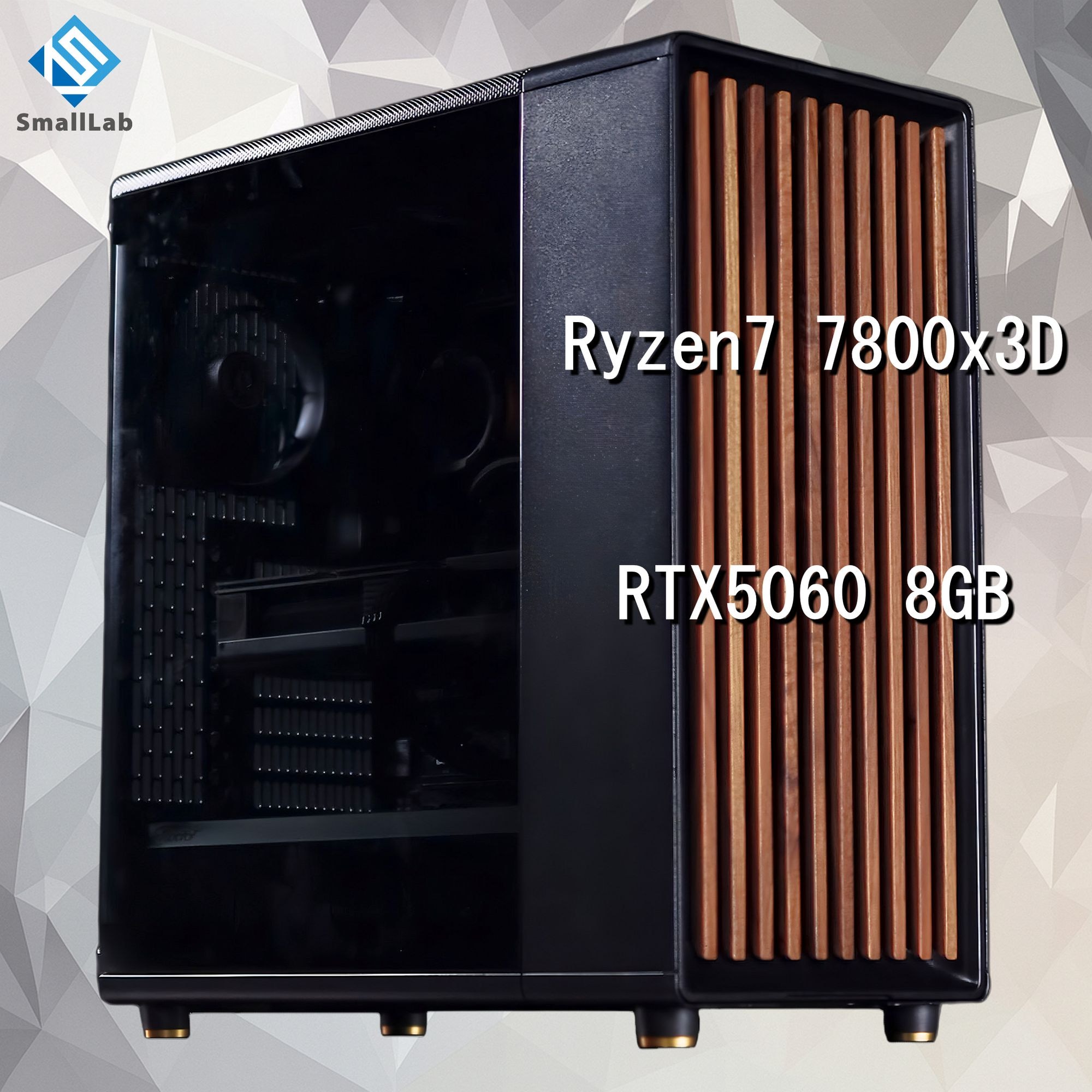 スモールラボ AMD Ryzen7 7800x3D ／ RTX5060 8GB ウッドデザイン ゲーミングPC Windows11 Home SSD M.2 NVME 1TB メモリ DDR5 4800MHz 32GB 簡易水冷 240mm ブラック 黒