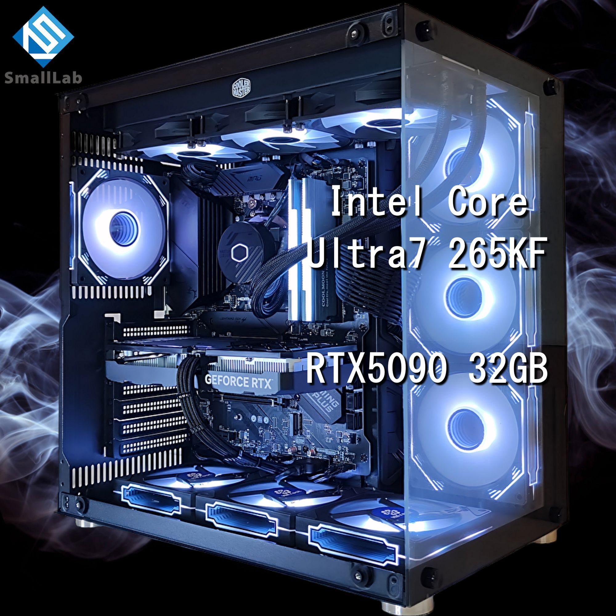 スモールラボ Intel Core Ultra 7 265KF ／ RTX5090 32GB ガラス2面ATX ゲーミングPC Windows11 Home SSD M.2 NVME 1TB メモリ DDR5 4800MHz 32GB 簡易水冷 360mm ブラック 黒