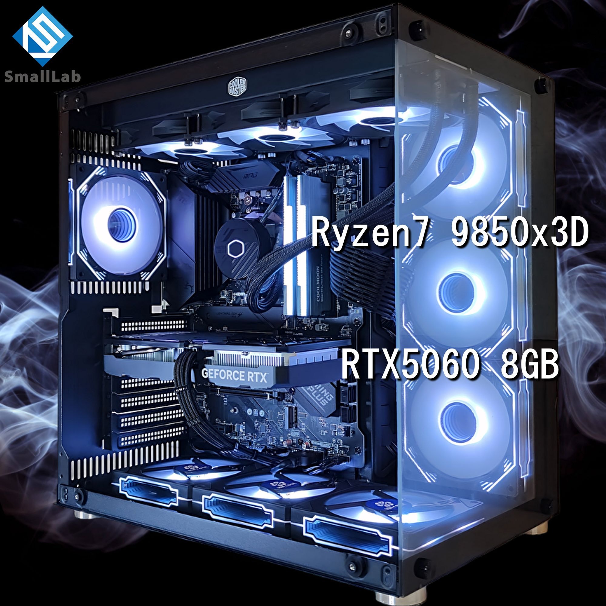スモールラボ AMD Ryzen7 9850x3D ／ RTX5060 8GB ガラス2面ATX ゲーミングPC Windows11 Home SSD M.2 NVME 1TB メモリ DDR5 4800MHz 32GB 簡易水冷 360mm ブラック 黒