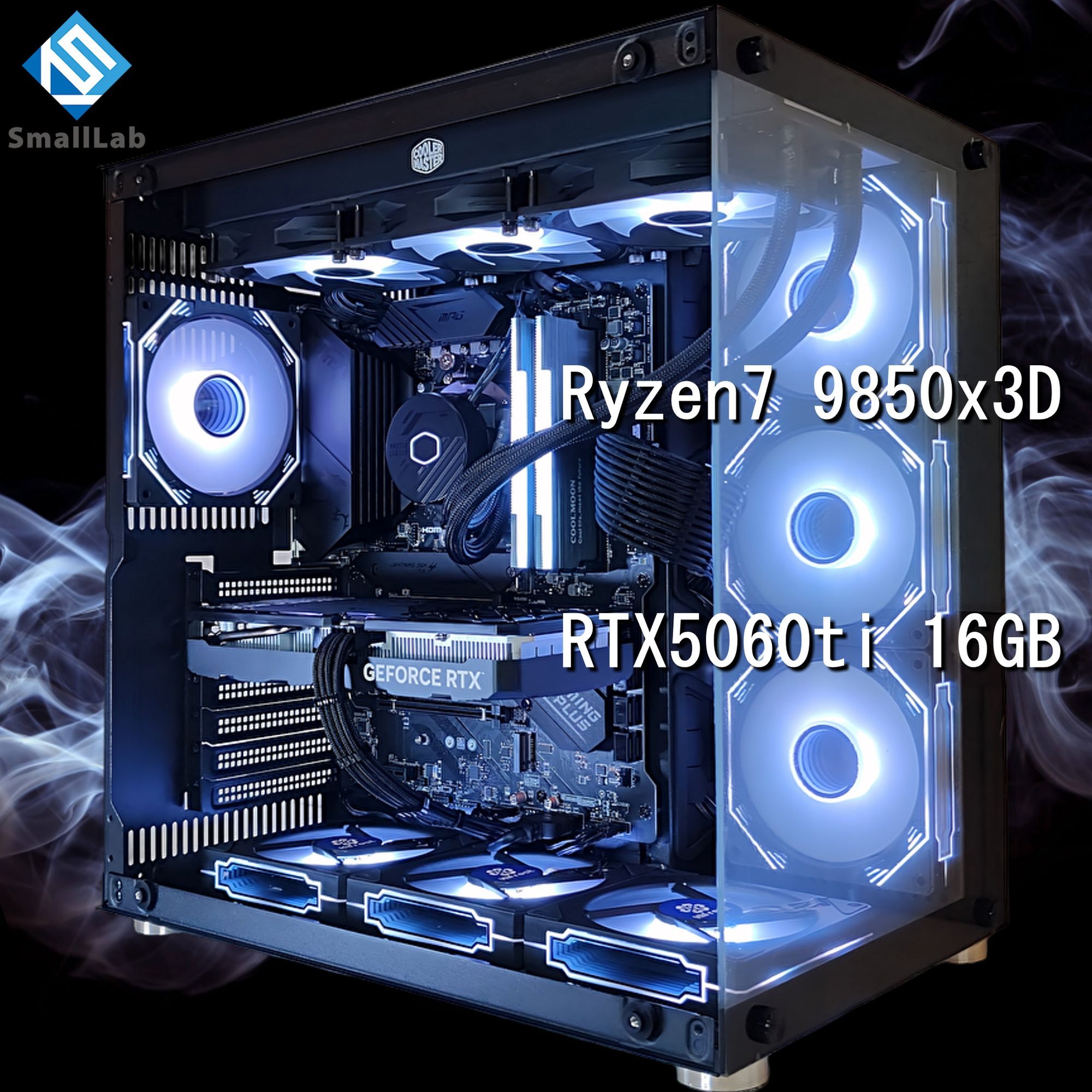 スモールラボ AMD Ryzen7 9850x3D ／ RTX5060ti 16GB ガラス2面ATX ゲーミングPC Windows11 Home SSD M.2 NVME 1TB メモリ DDR5 4800MHz 32GB 簡易水冷 360mm ブラック 黒