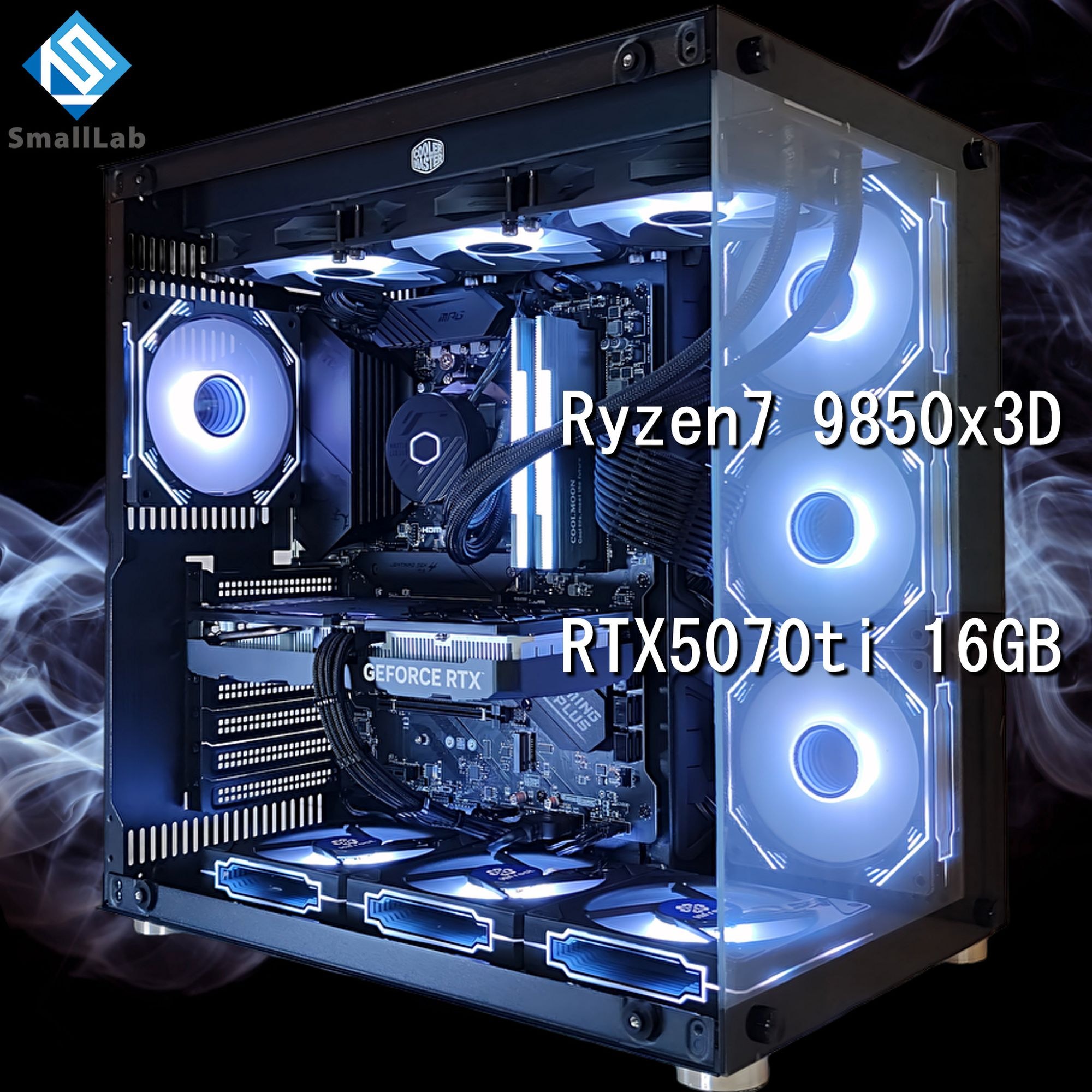 スモールラボ AMD Ryzen7 9850x3D ／ RTX5070ti 16GB ガラス2面ATX ゲーミングPC Windows11 Home SSD M.2 NVME 1TB メモリ DDR5 4800MHz 32GB 簡易水冷 360mm ブラック 黒