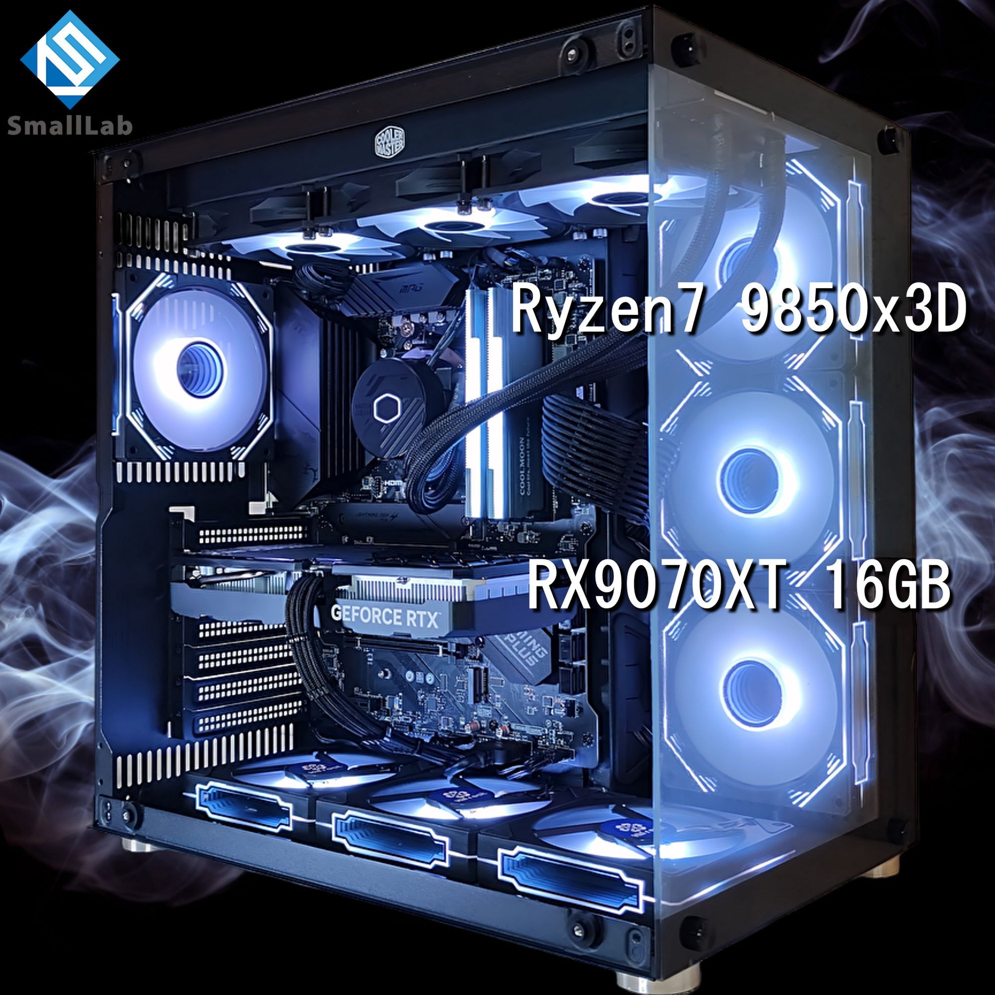 スモールラボ AMD Ryzen7 9850x3D ／ RX9070XT 16GB ガラス2面ATX ゲーミングPC Windows11 Home SSD M.2 NVME 1TB メモリ DDR5 4800MHz 32GB 簡易水冷 360mm ブラック 黒