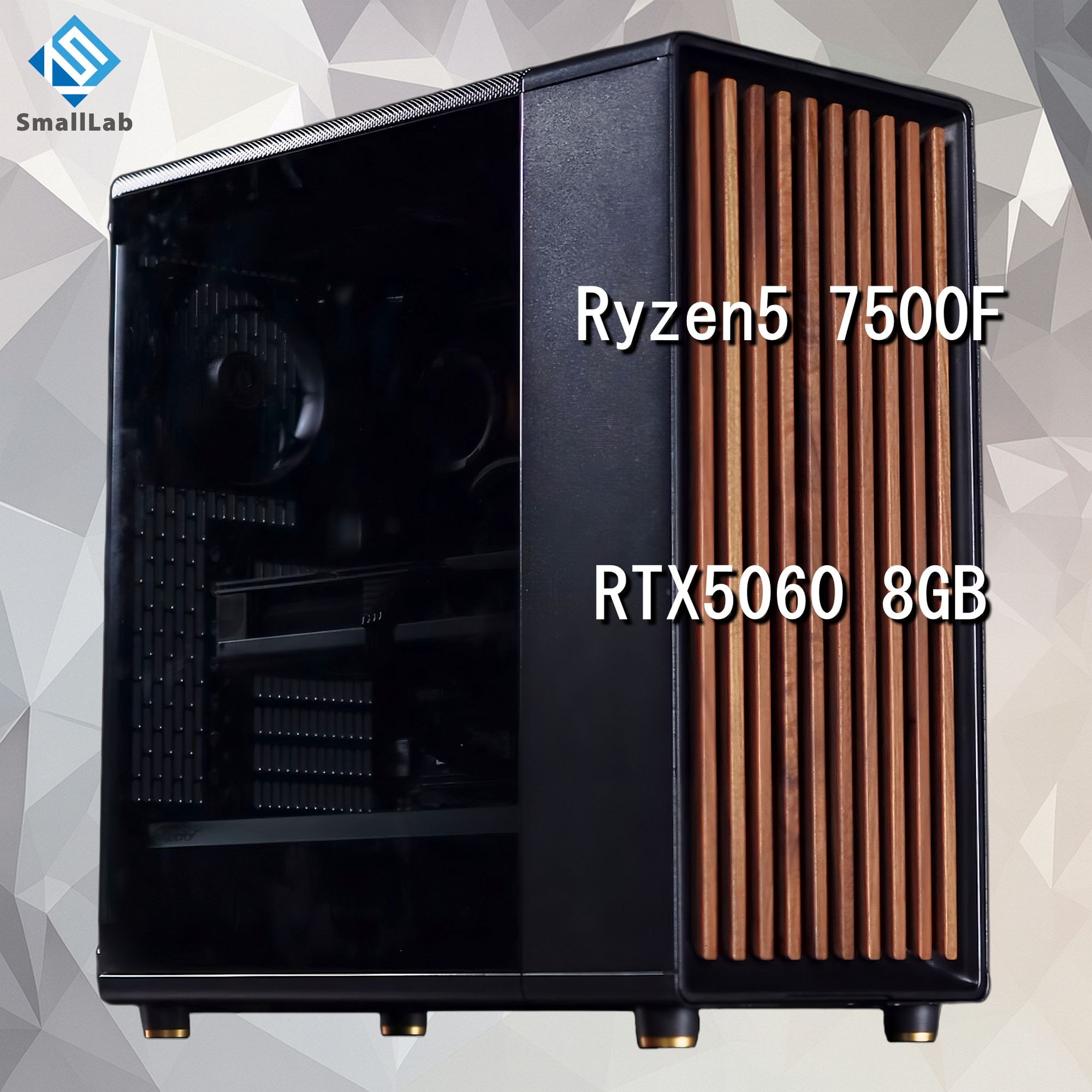 スモールラボ AMD Ryzen5 7500F ／ RTX5060 8GB ウッドデザイン ゲーミングPC Windows11 Home SSD M.2 NVME 1TB メモリ DDR5 4800MHz 32GB 簡易水冷 240mm ブラック 黒