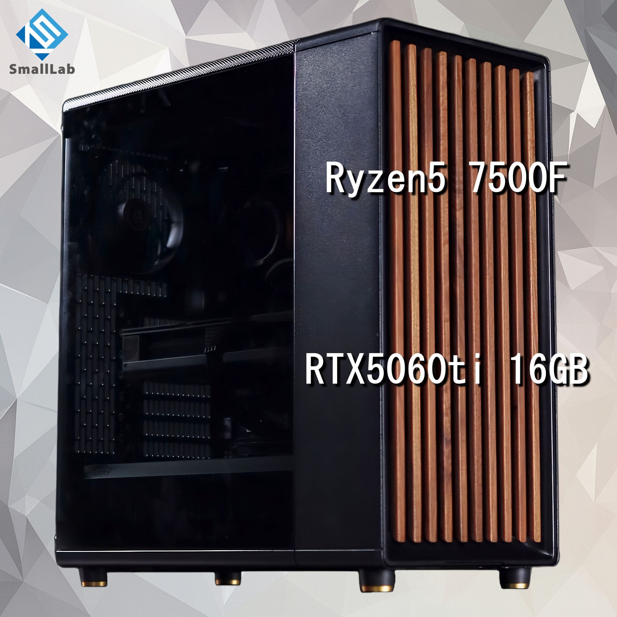 スモールラボ AMD Ryzen5 7500F ／ RTX5060ti 16GB ウッドデザイン ゲーミングPC Windows11 Home SSD M.2 NVME 1TB メモリ DDR5 4800MHz 32GB 簡易水冷 240mm ブラック 黒