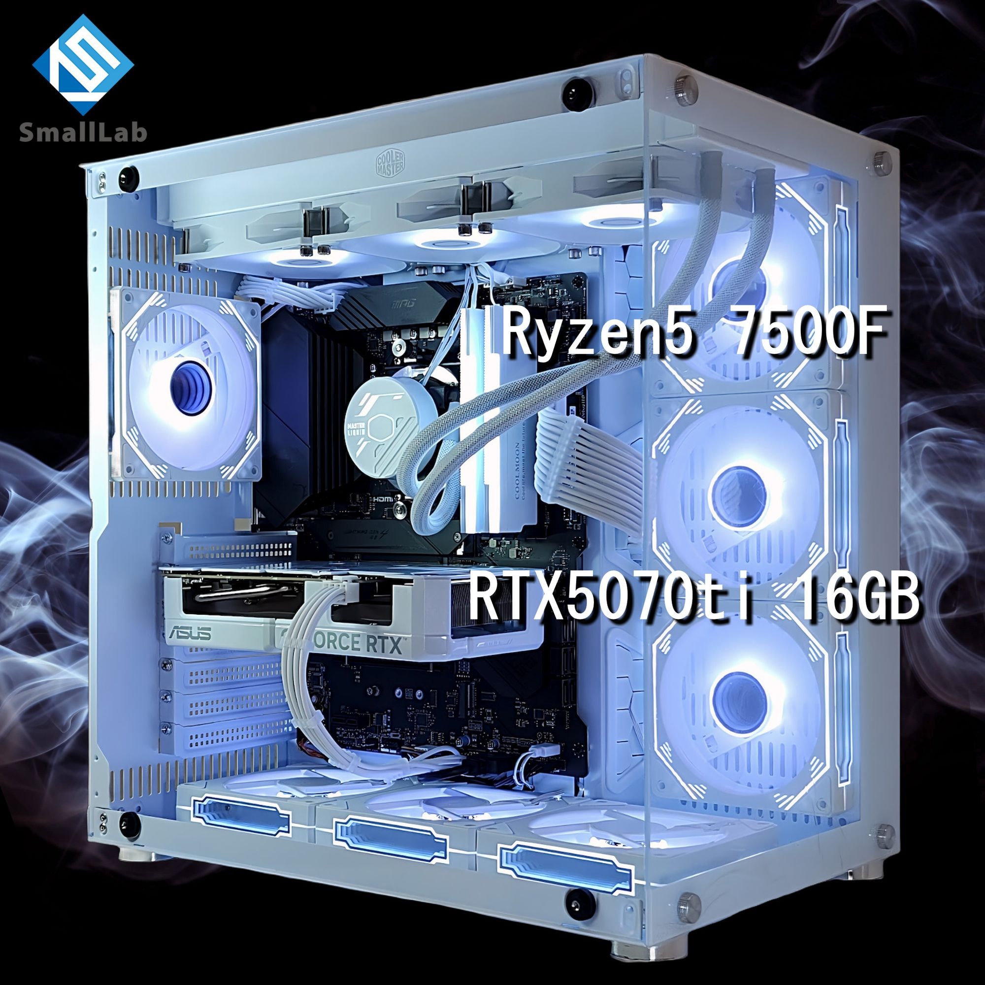 スモールラボ AMD Ryzen5 7500F ／ RTX5070ti 16GB ガラス2面ATX ゲーミングPC Windows11 Home SSD M.2 NVME 1TB メモリ DDR5 4800MHz 32GB 簡易水冷 360mm ホワイト 白