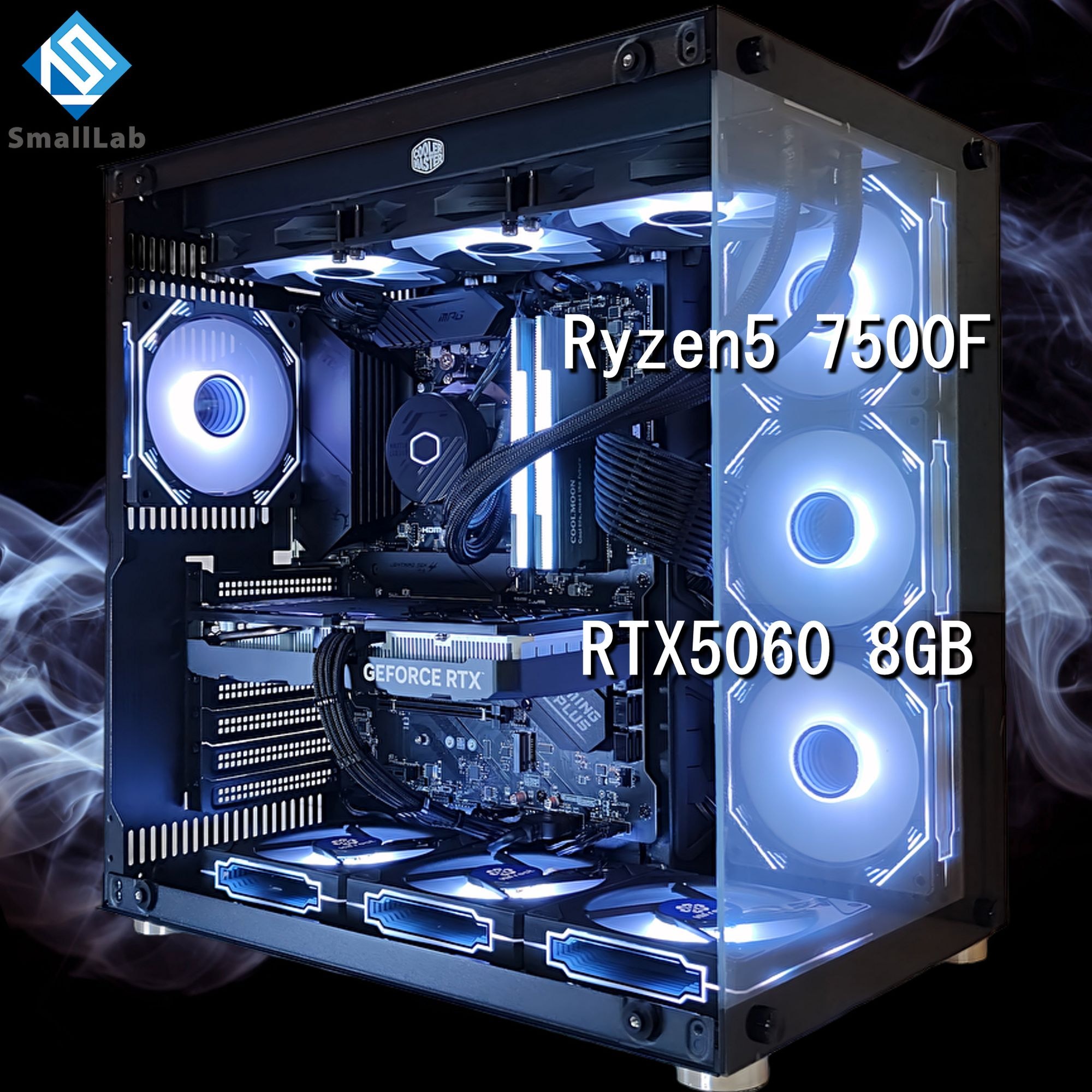 スモールラボ AMD Ryzen5 7500F ／ RTX5060 8GB ガラス2面ATX ゲーミングPC Windows11 Home SSD M.2 NVME 1TB メモリ DDR5 4800MHz 32GB 簡易水冷 360mm ブラック 黒