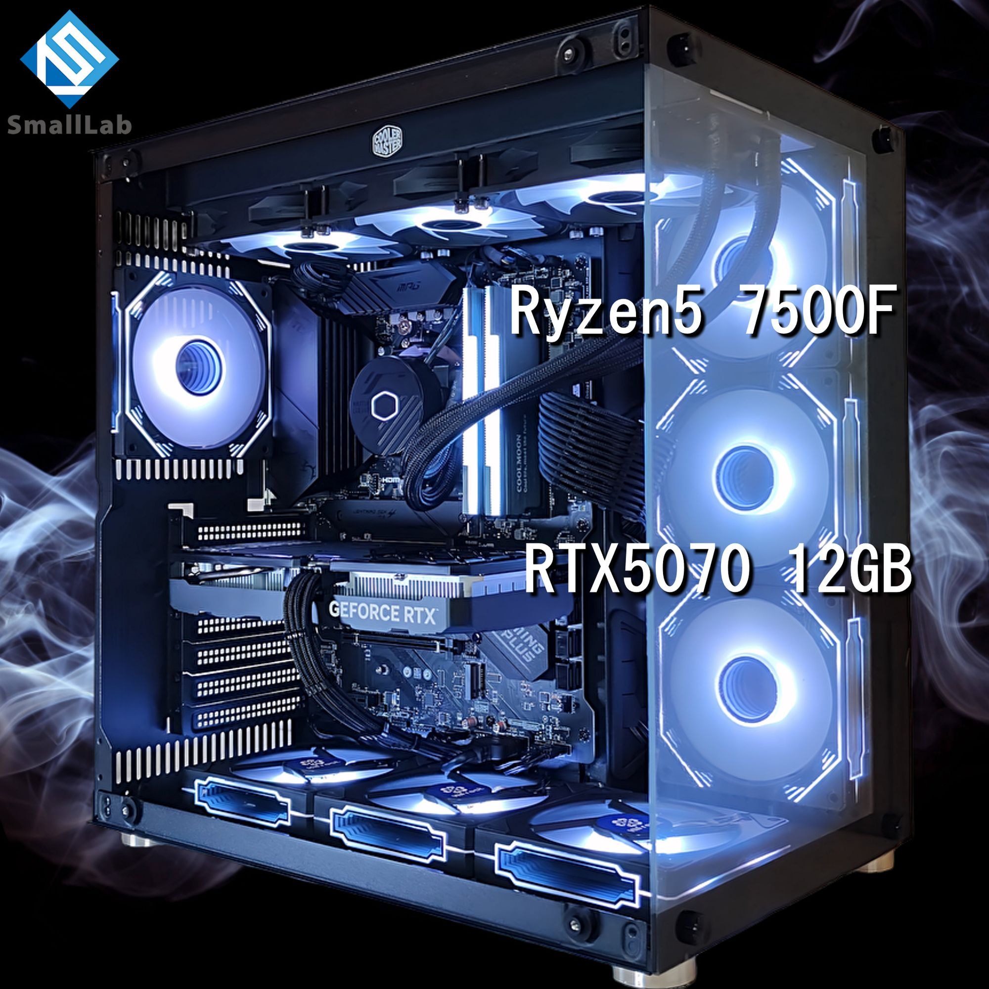 スモールラボ AMD Ryzen5 7500F ／ RTX5070 12GB ガラス2面ATX ゲーミングPC Windows11 Home SSD M.2 NVME 1TB メモリ DDR5 4800MHz 32GB 簡易水冷 360mm ブラック 黒