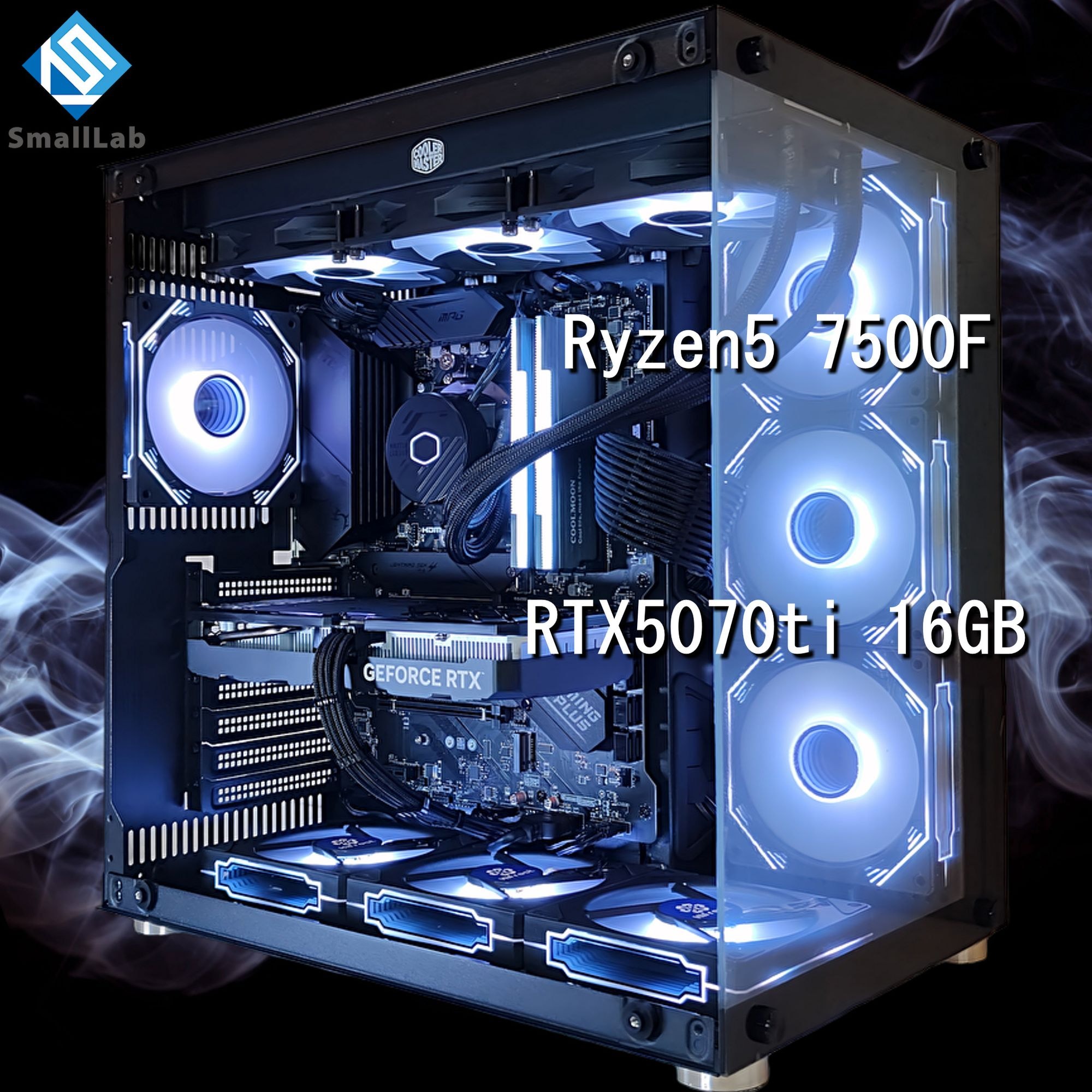 スモールラボ AMD Ryzen5 7500F ／ RTX5070ti 16GB ガラス2面ATX ゲーミングPC Windows11 Home SSD M.2 NVME 1TB メモリ DDR5 4800MHz 32GB 簡易水冷 360mm ブラック 黒