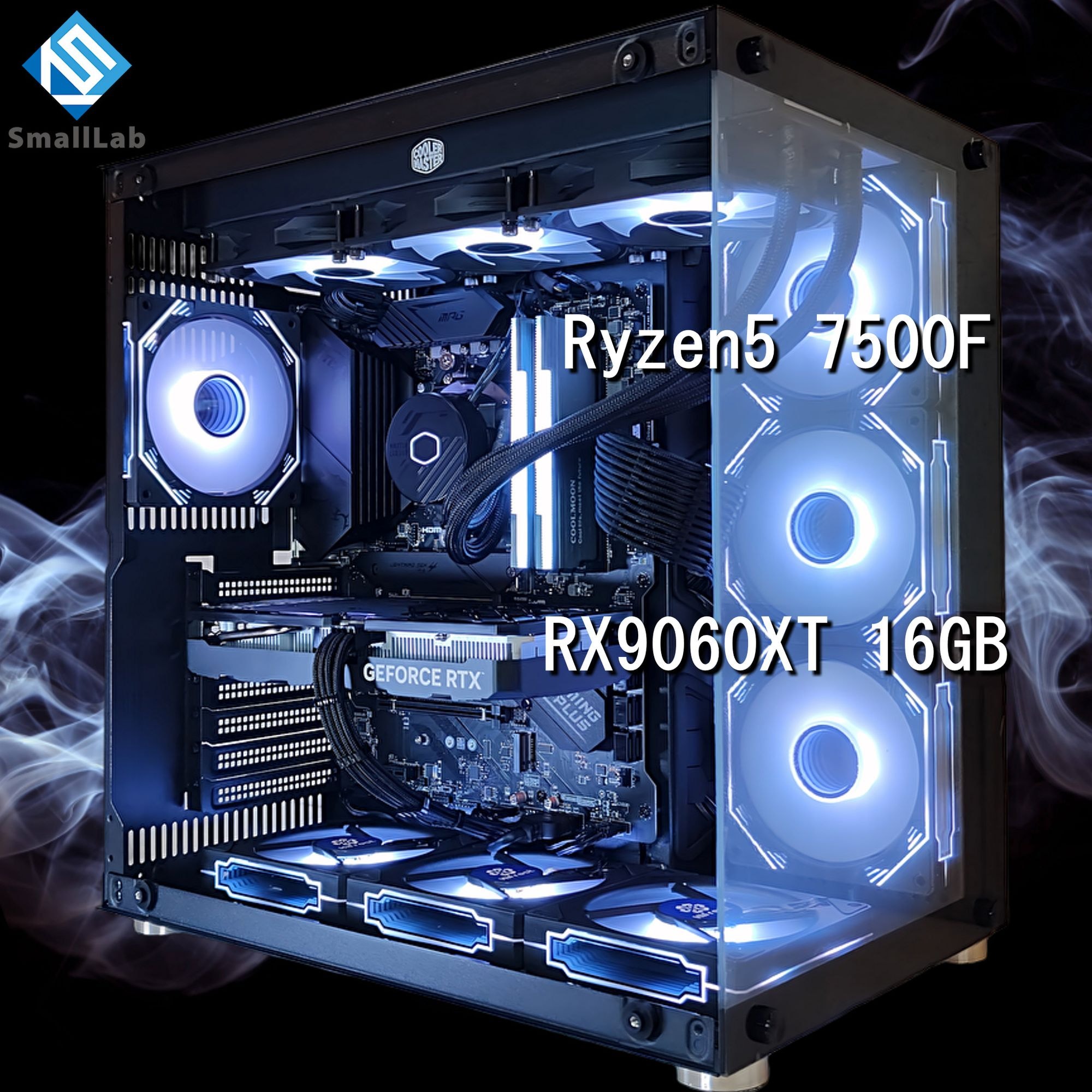スモールラボ AMD Ryzen5 7500F ／ RX9060XT 16GB ガラス2面ATX ゲーミングPC Windows11 Home SSD M.2 NVME 1TB メモリ DDR5 4800MHz 32GB 簡易水冷 360mm ブラック 黒