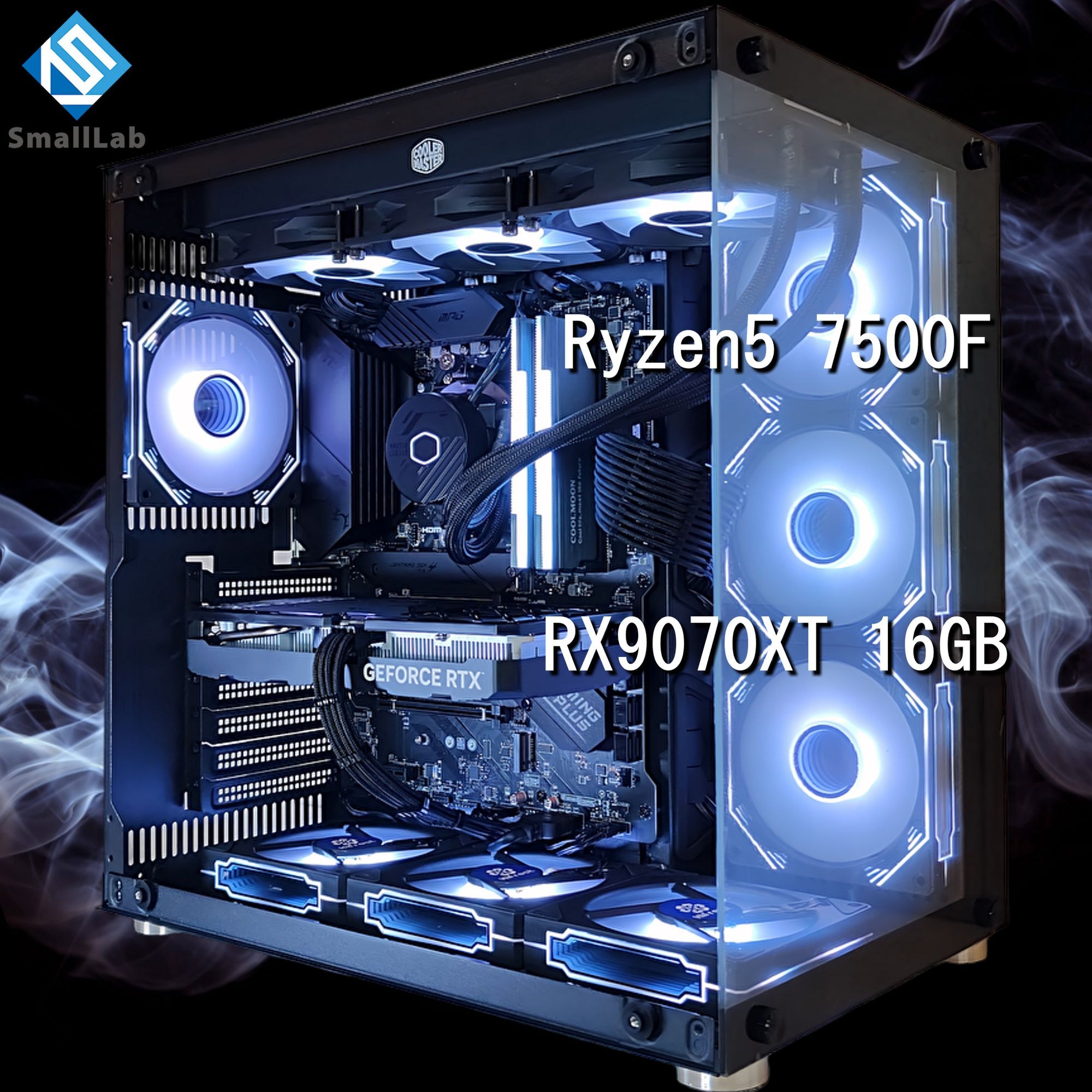 スモールラボ AMD Ryzen5 7500F ／ RX9070XT 16GB ガラス2面ATX ゲーミングPC Windows11 Home SSD M.2 NVME 1TB メモリ DDR5 4800MHz 32GB 簡易水冷 360mm ブラック 黒