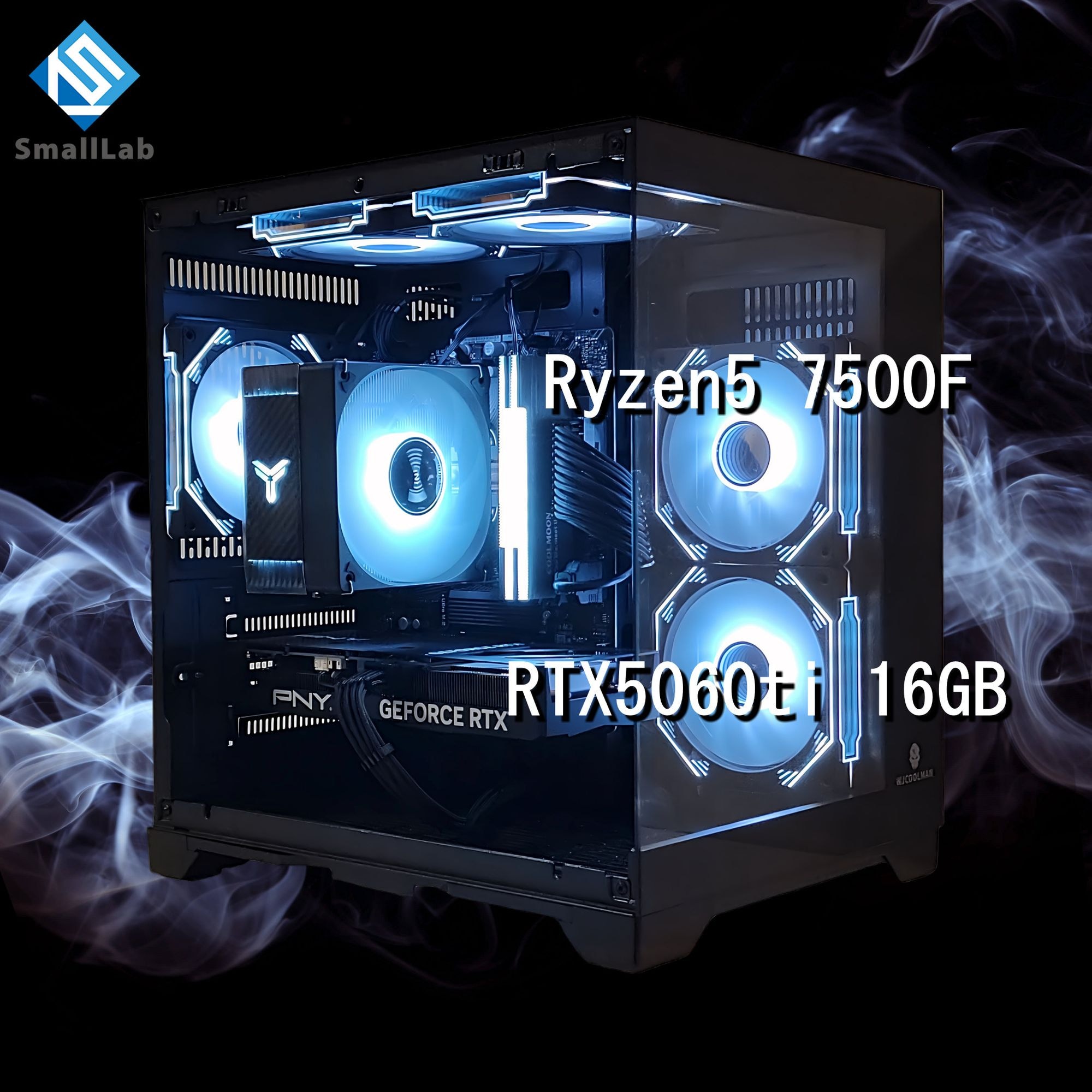 スモールラボ AMD Ryzen5 7500F ／ RTX5060ti 16GB ガラス2面コンパクト ゲーミングPC Windows11 Home SSD M.2 NVME 1TB メモリ DDR5 4800MHz 32GB ブラック 黒