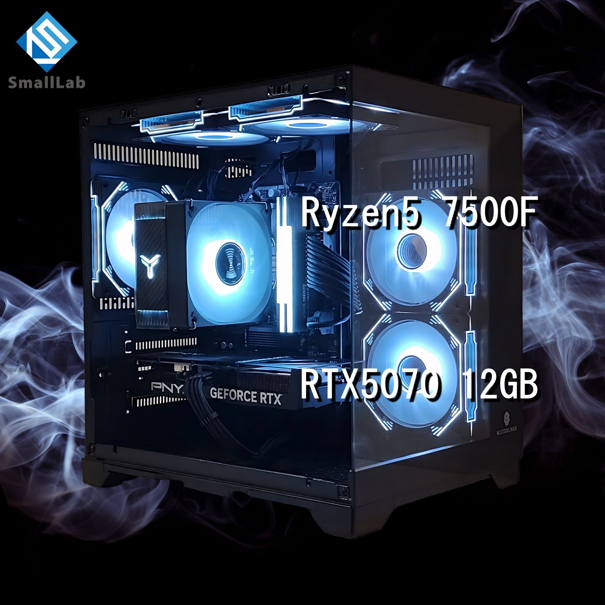 スモールラボ AMD Ryzen5 7500F ／ RTX5070 12GB ガラス2面コンパクト ゲーミングPC Windows11 Home SSD M.2 NVME 1TB メモリ DDR5 4800MHz 32GB ブラック 黒