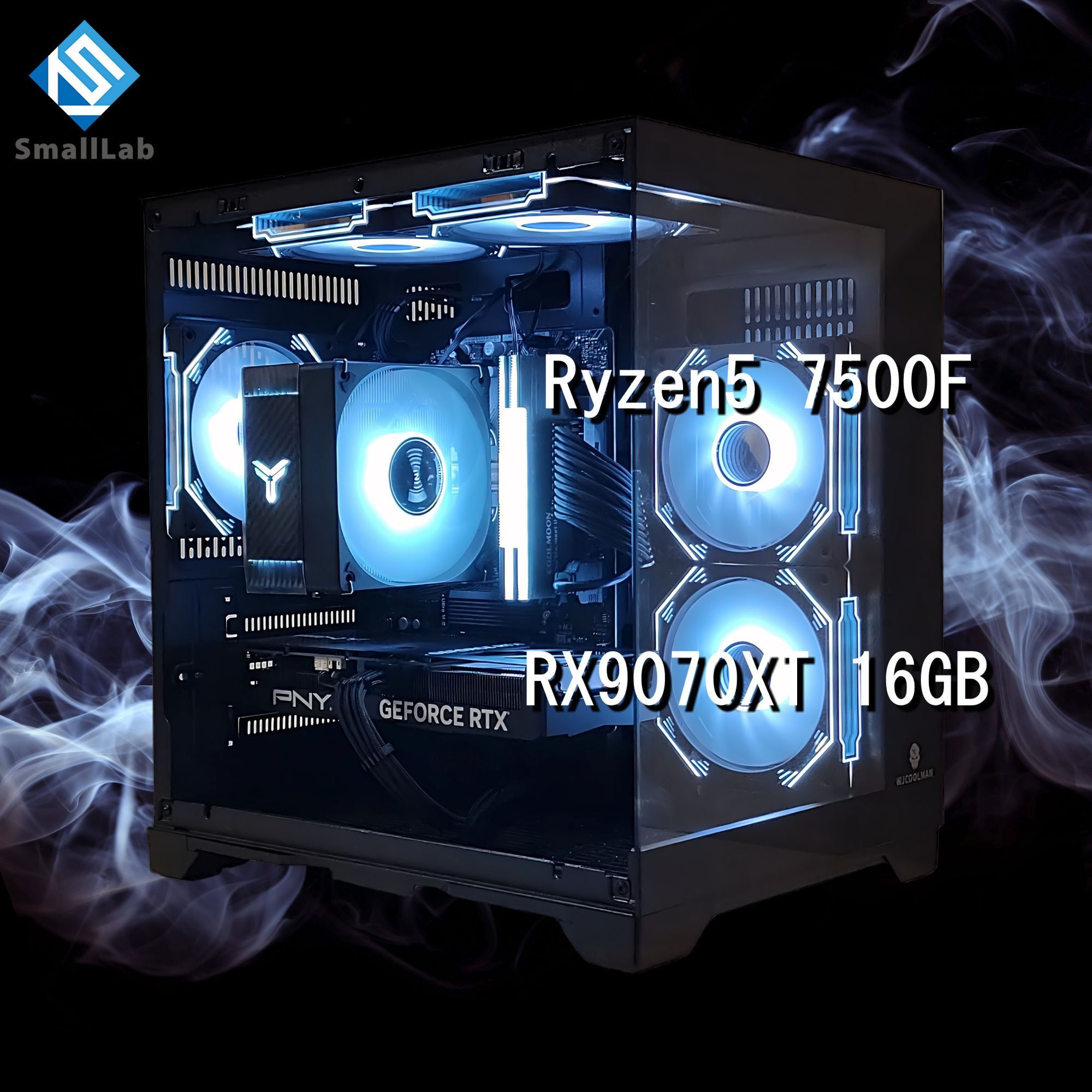 スモールラボ AMD Ryzen5 7500F ／ RX9070XT 16GB ガラス2面コンパクト ゲーミングPC Windows11 Home SSD M.2 NVME 1TB メモリ DDR5 4800MHz 32GB ブラック 黒