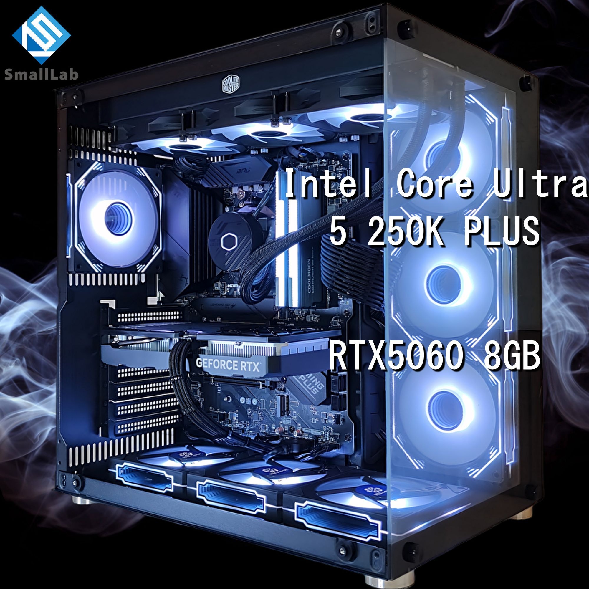 スモールラボ Intel Core Ultra 5 250K PLUS ／ RTX5060 8GB ガラス2面ATX ゲーミングPC Windows11 Home SSD M.2 NVME 1TB メモリ DDR5 4800MHz 32GB 簡易水冷 360mm ブラック 黒
