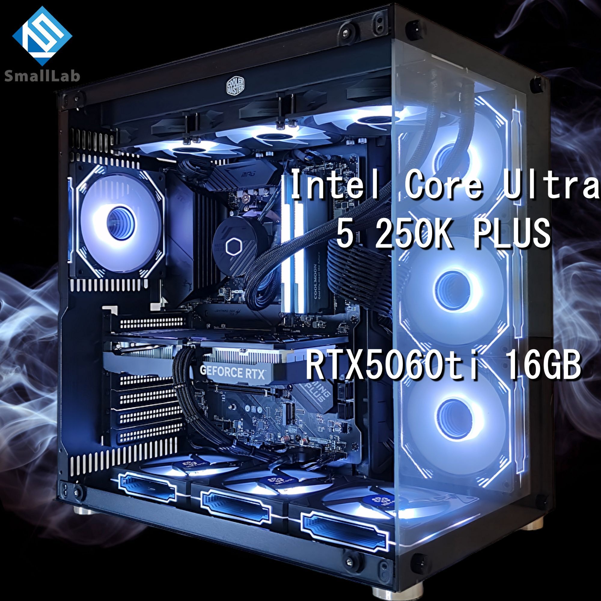 スモールラボ Intel Core Ultra 5 250K PLUS ／ RTX5060ti 16GB ガラス2面ATX ゲーミングPC Windows11 Home SSD M.2 NVME 1TB メモリ DDR5 4800MHz 32GB 簡易水冷 360mm ブラック 黒
