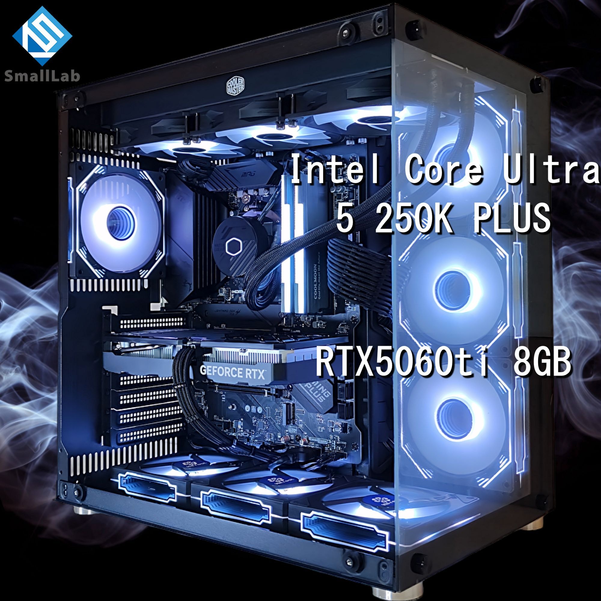 スモールラボ Intel Core Ultra 5 250K PLUS ／ RTX5060ti 8GB ガラス2面ATX ゲーミングPC Windows11 Home SSD M.2 NVME 1TB メモリ DDR5 4800MHz 32GB 簡易水冷 360mm ブラック 黒
