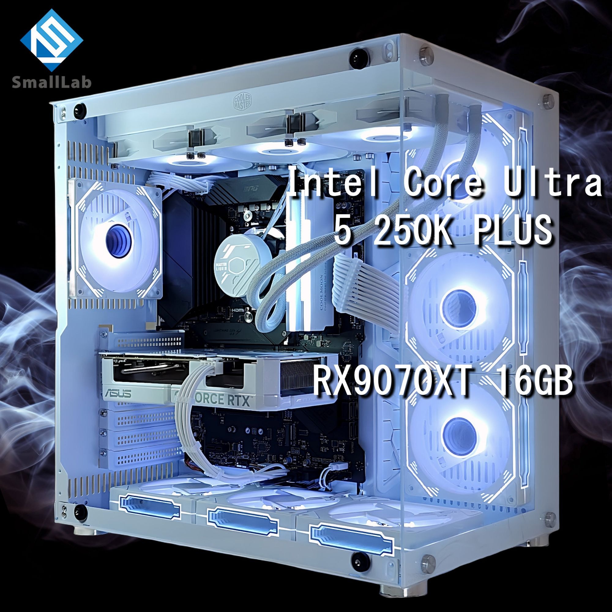 スモールラボ Intel Core Ultra 5 250K PLUS ／ RX9070XT 16GB ガラス2面ATX ゲーミングPC Windows11 Home SSD M.2 NVME 1TB メモリ DDR5 4800MHz 32GB 簡易水冷 360mm ホワイト 白
