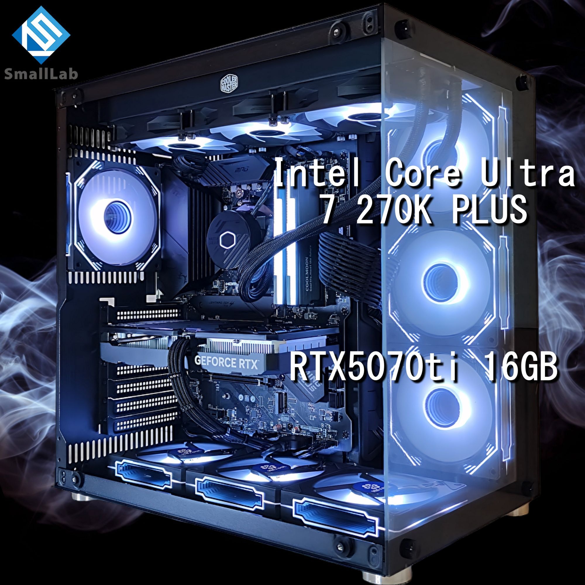 スモールラボ Intel Core Ultra 7 270K PLUS ／ RTX5070ti 16GB ガラス2面ATX ゲーミングPC Windows11 Home SSD M.2 NVME 1TB メモリ DDR5 4800MHz 32GB 簡易水冷 360mm ブラック 黒